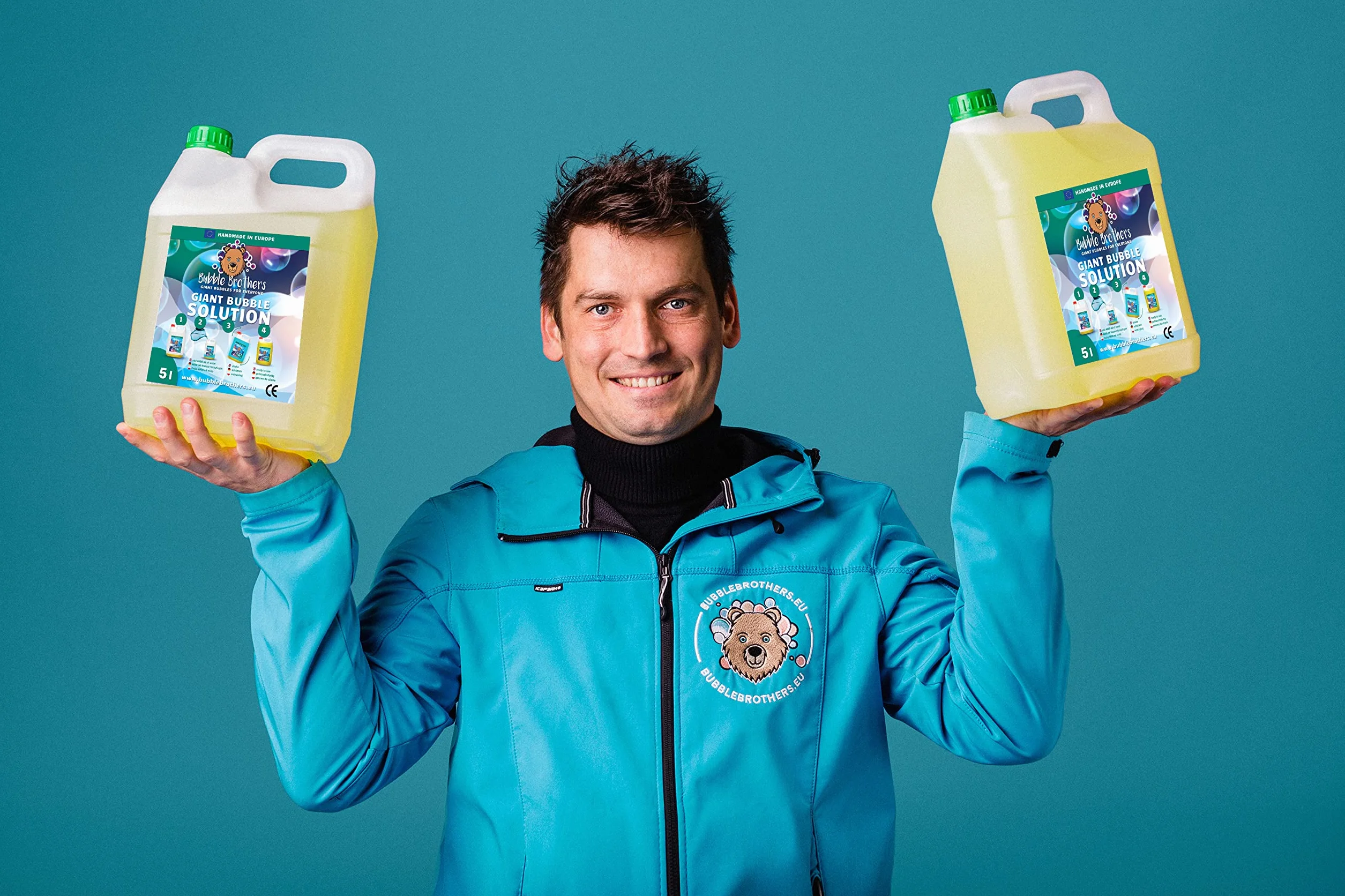 Bubble Brothers Bańki mydlane, butelka uzupełniająca, 5 l, koncentrat do dużych baniek mydlanych, stabilne bańki mydlane (1 x 5 l + 1 proszek)