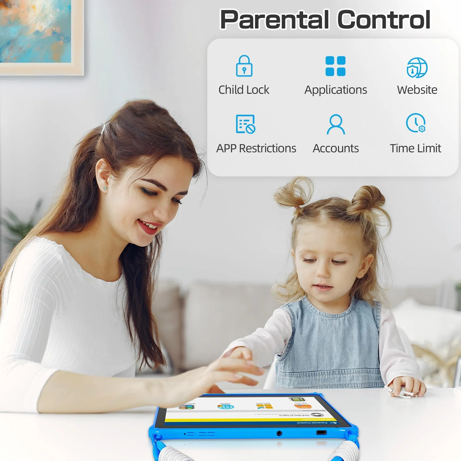 PRITOM 10-calowy tablet dla dzieci z systemem Android 13 ze smyczą 64 GB, Dual Camera, tablet dla dzieci w wieku 3 lat (niebieski)