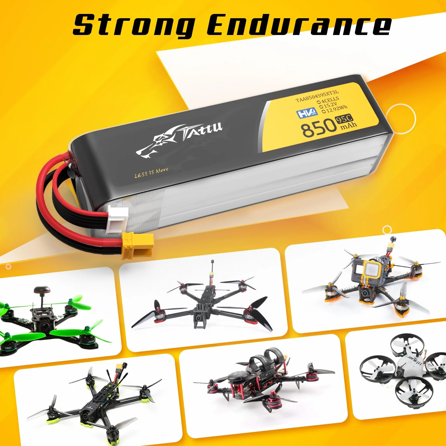 Tattu 850mAh 4S 95C 15,2V HV LiPo Long-Pack akumulator z wtyczką XT30 do dronów FPV i multikopterów wyścigowych