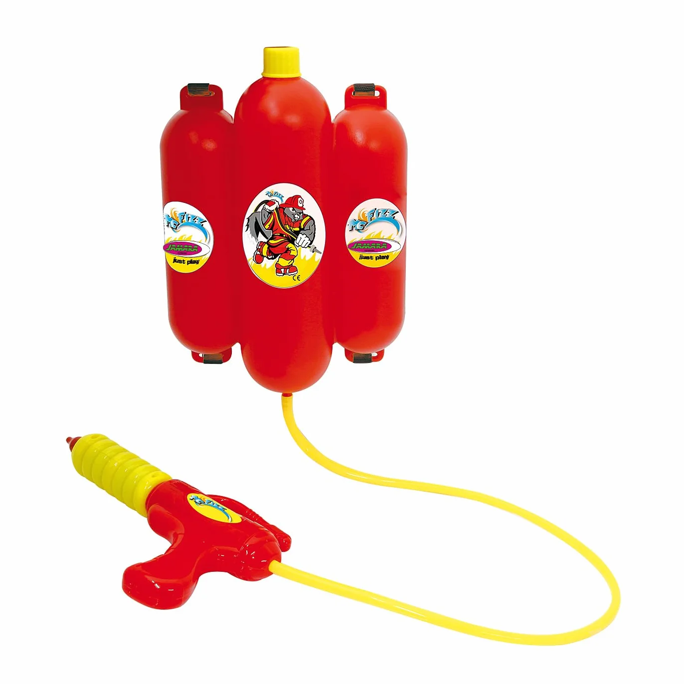 JAMARA 460342 - Mc Fizz strzykawka wodna z plecakiem zbiornikowym 2,5 l - funkcja natryskiwania, regulowane paski na ramię, zbiornik na wodę ok. 2,5 l do noszenia jak plecak, wąż ok. 72 cm długości,