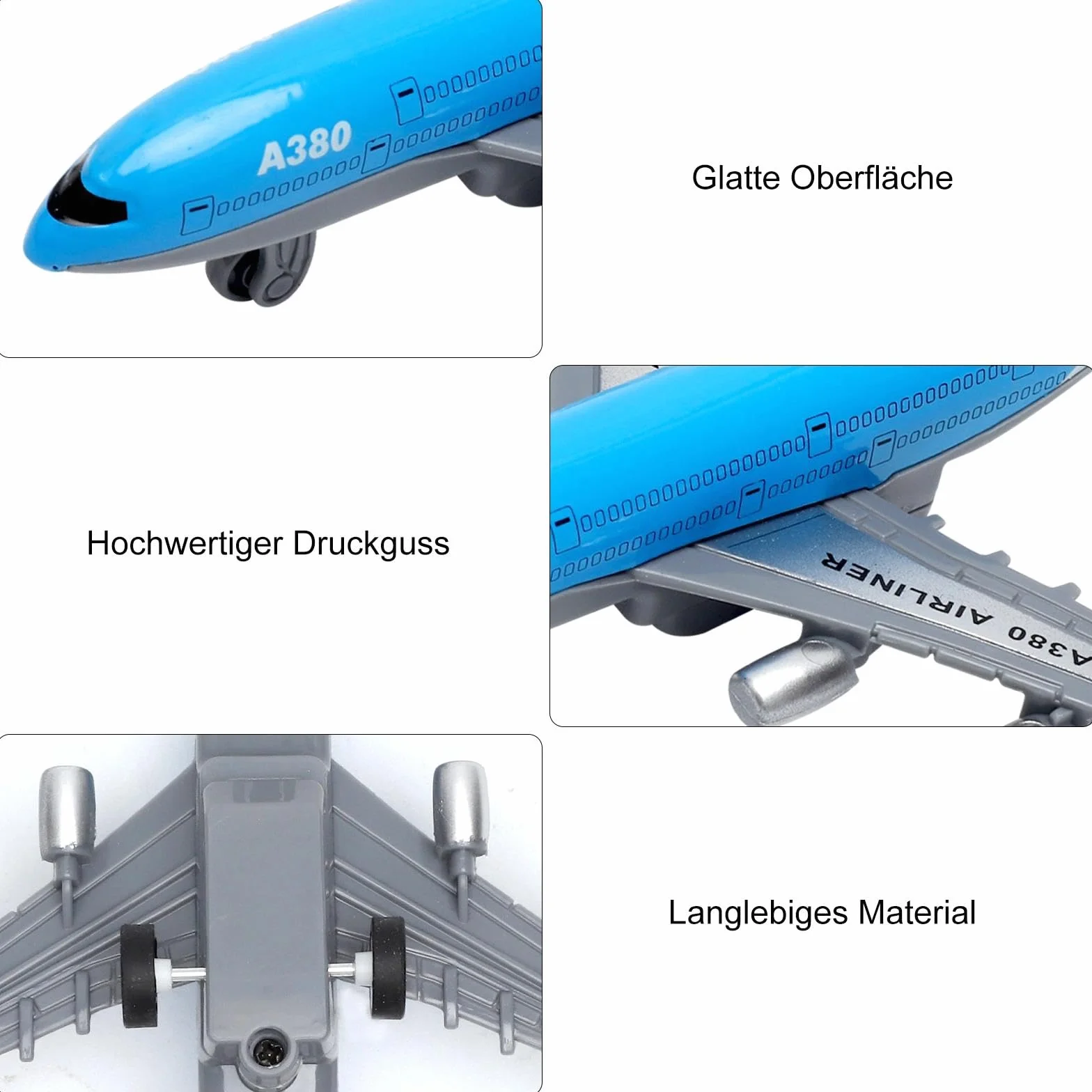VOSSOT Airbus A380 samolot zabawka – Mini metalowy model samolotu z funkcją cofania, modele samolotów, idealne jako zabawka lotnicza i prezent (14 cm długości)