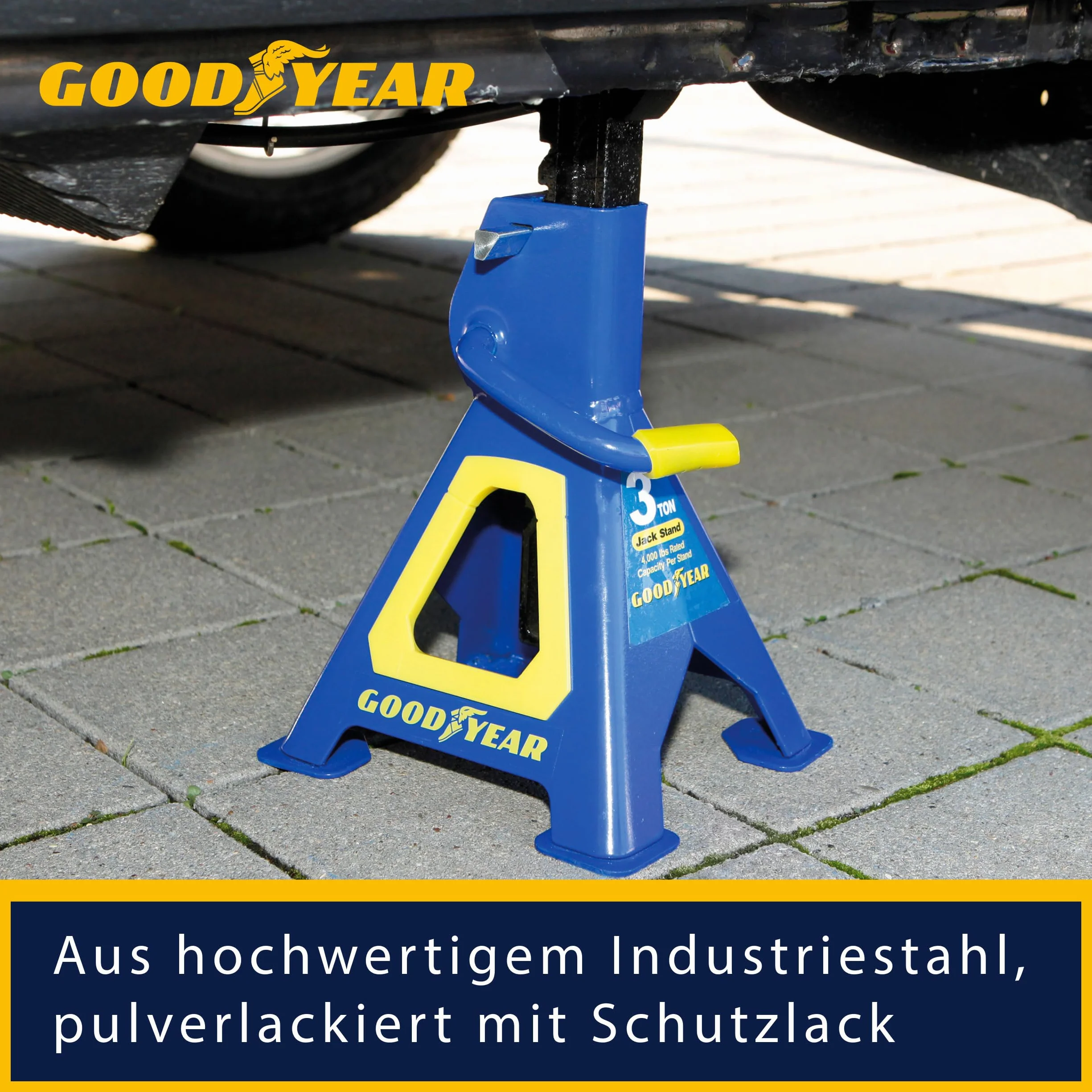 GOODYEAR 75519 Premium stojak warsztatowy, udźwig 3 ton, regulacja wysokości od 280 mm do 420 mm, z zawleczką zabezpieczającą, niebieski lakier ochronny