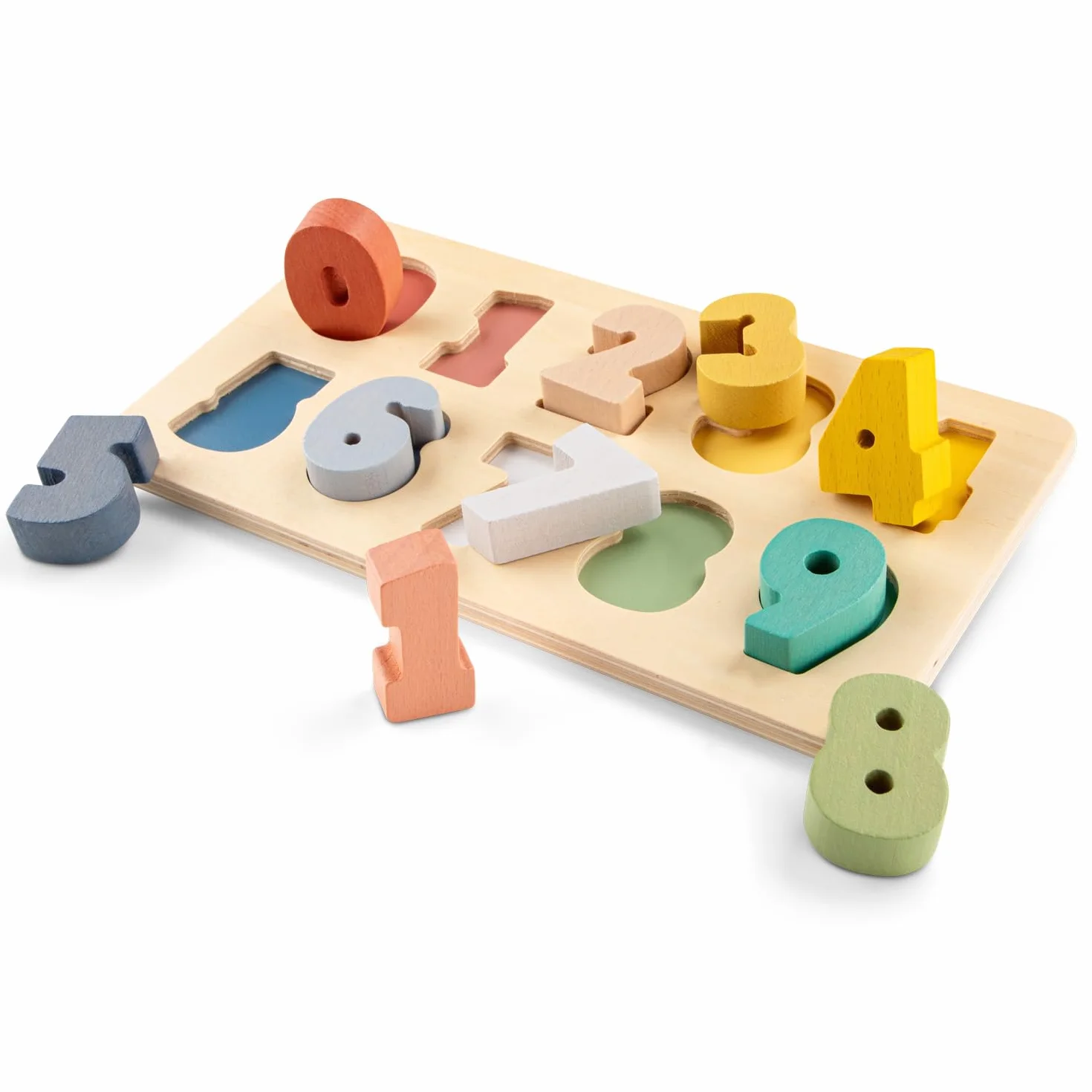 Woet Puzzle drewniane cyfry 0-9 - zabawka edukacyjna Montessori z certyfikatem FSC dla małych dzieci - grube kolorowe cyfry - od 2 lat - prezent dla dziewcząt i chłopców