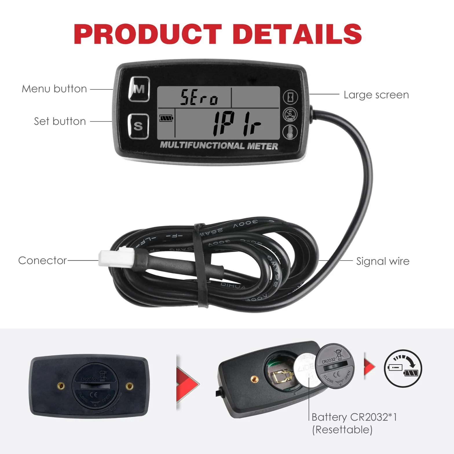 Cyfrowy licznik motogodzin RileyFine, wskaźnik temperatury silnika, alert RPM i temp oraz SVC, wymienna bateria, używany w kosiarce Traktor Mini Bike Motocykl Kompresor Generator (TS001)
