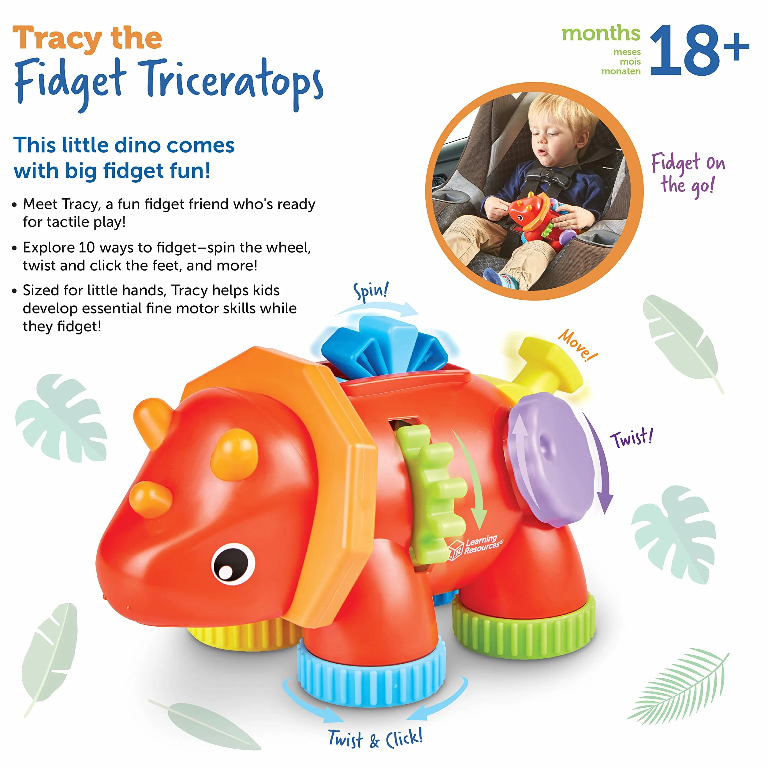 Learning Resources Triceratops Tracy – Zabawka Manipulacyjna, 1 element, Od 18 miesięcy, Zabawki dla małych dzieci, Zabawki sensoryczne dla maluchów, Rozwijające motorykę małą, Zabawki Montessori