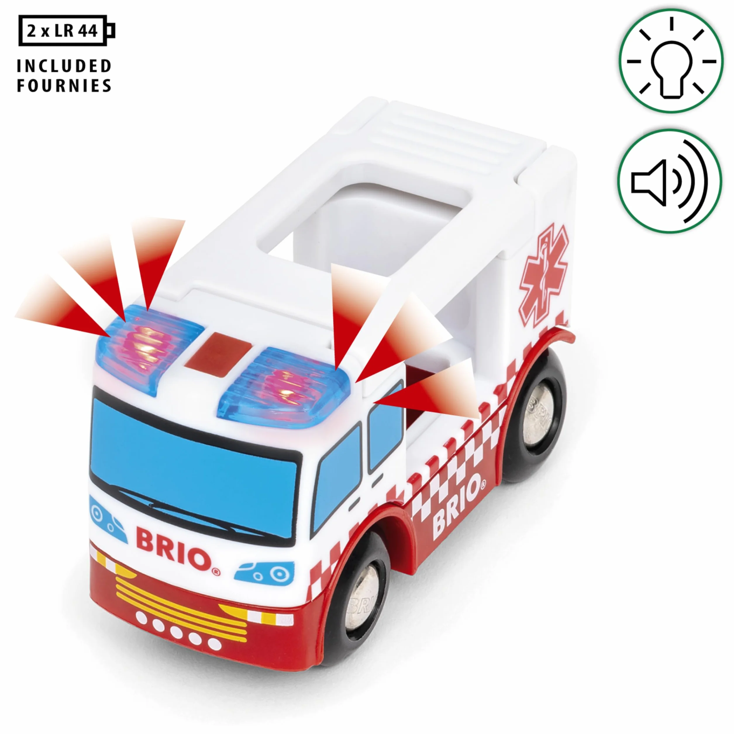 BRIO World Rescue zabawka pogotowia ratunkowego dla małych dzieci i dzieci w wieku od 3 lat, drewniany zestaw kolejowy, akcesoria i dodatki