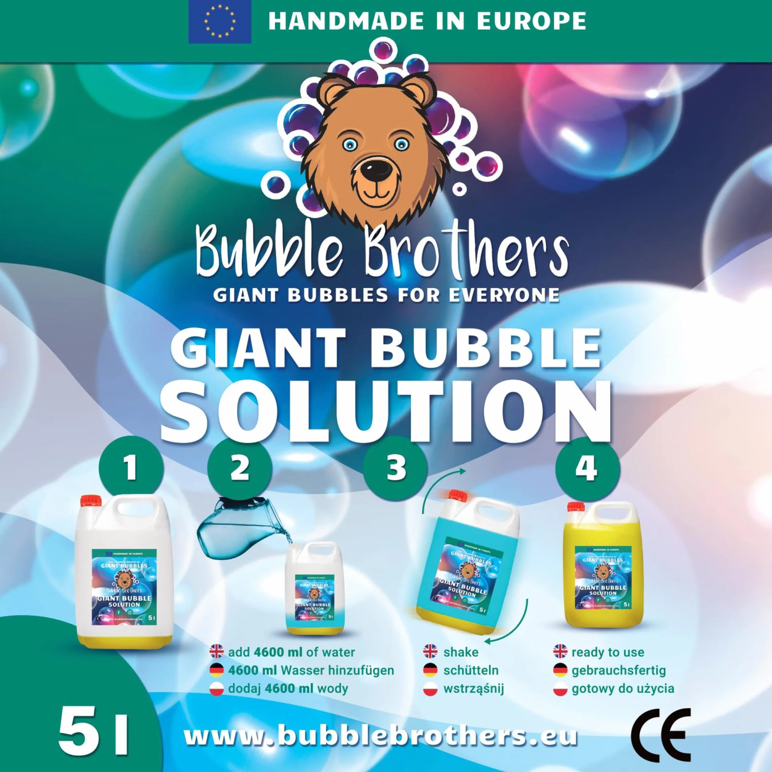 Bubble Brothers Bańki mydlane, butelka uzupełniająca, 5 l, koncentrat do dużych baniek mydlanych, stabilne bańki mydlane (1 x 5 l + 1 proszek)