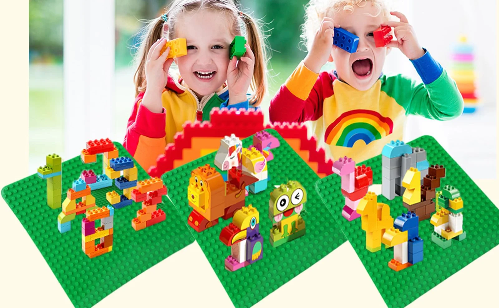 Duża płyta montażowa, kompatybilna z płytami Lego Duplo, klasyczna płyta podstawowa do zestawów DUPLO, 38 x 38 cm, zestaw płyt do kreatywnych zabawek przedszkolnych, zielona, szara (4 sztuki)