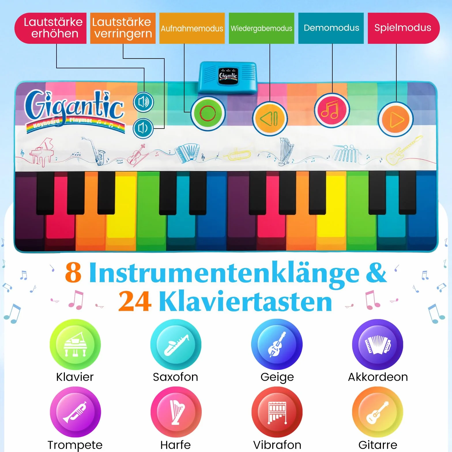 COSTWAY Mata muzyczna dla dzieci, mata fortepianowa z 8 instrumentami muzycznymi, mata do tańca z funkcją nagrywania i odtwarzania, zabawka, prezent dla małych dzieci, chłopców i dziewczynek od 1 roku