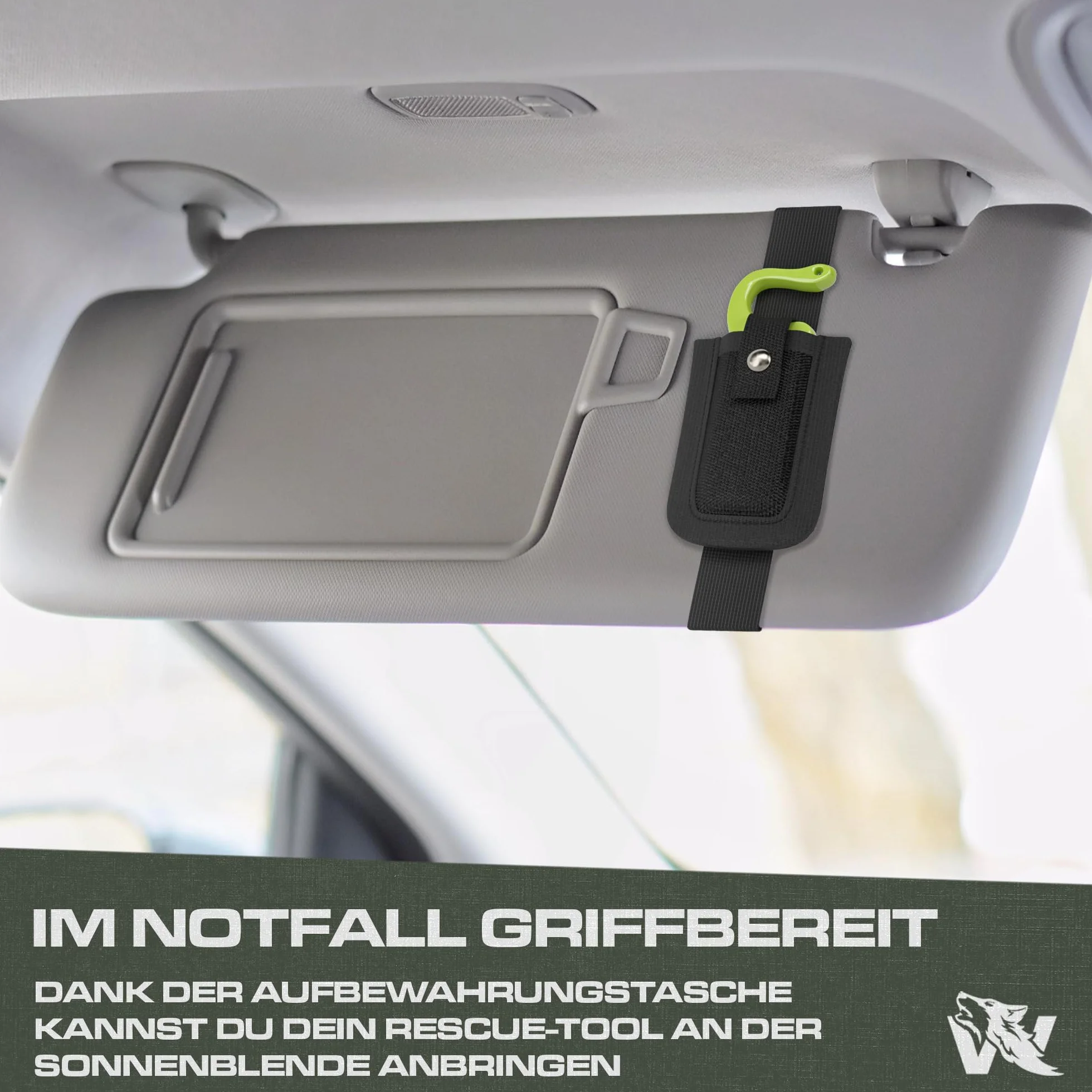 Wolfgangs Rescue Tool aus feinstem 440C Stahl - Handlicher Gurtschneider Notfallhammer Auto mit Leuchtfunktion - Nothammer Auto Sicherheitsset mit extra Aufbewahrungstasche für die Sonnenblende