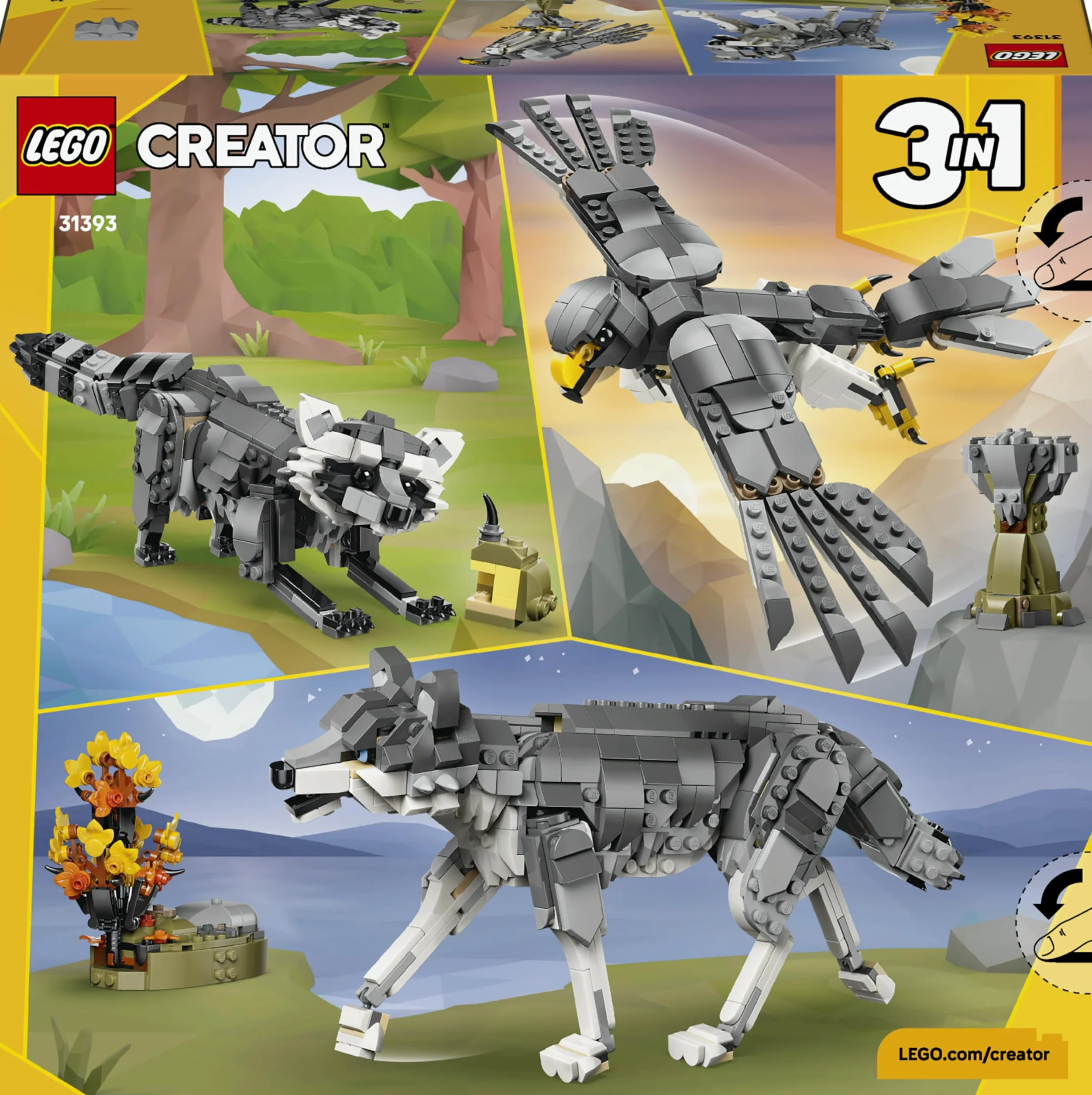 LEGO Creator 3 w 1 Leśne zwierzęta: Wilk szary, zabawka konstrukcyjna dla dzieci, 3 opcje figurek zwierząt: wilk, sokół lub szop, pomysł na prezent dla chłopca i dziewczynki od 8 lat 31393