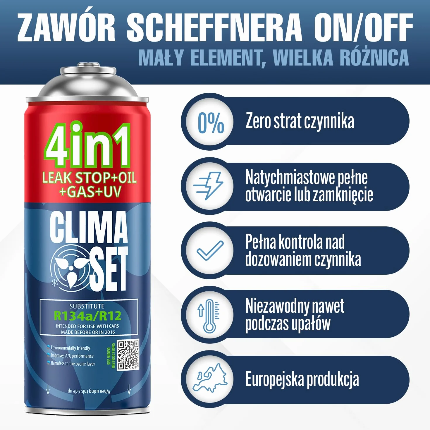 CLIMASET - Zamiennik czynnika chłodniczego R134a 4in1, Do samochodów 1994-2016 - System klimatyzacji, Samodzielna aplikacja - Uszczelniacz, Barwnik UV, Olej - Z przewodem, odświeżaczem i lampą UV
