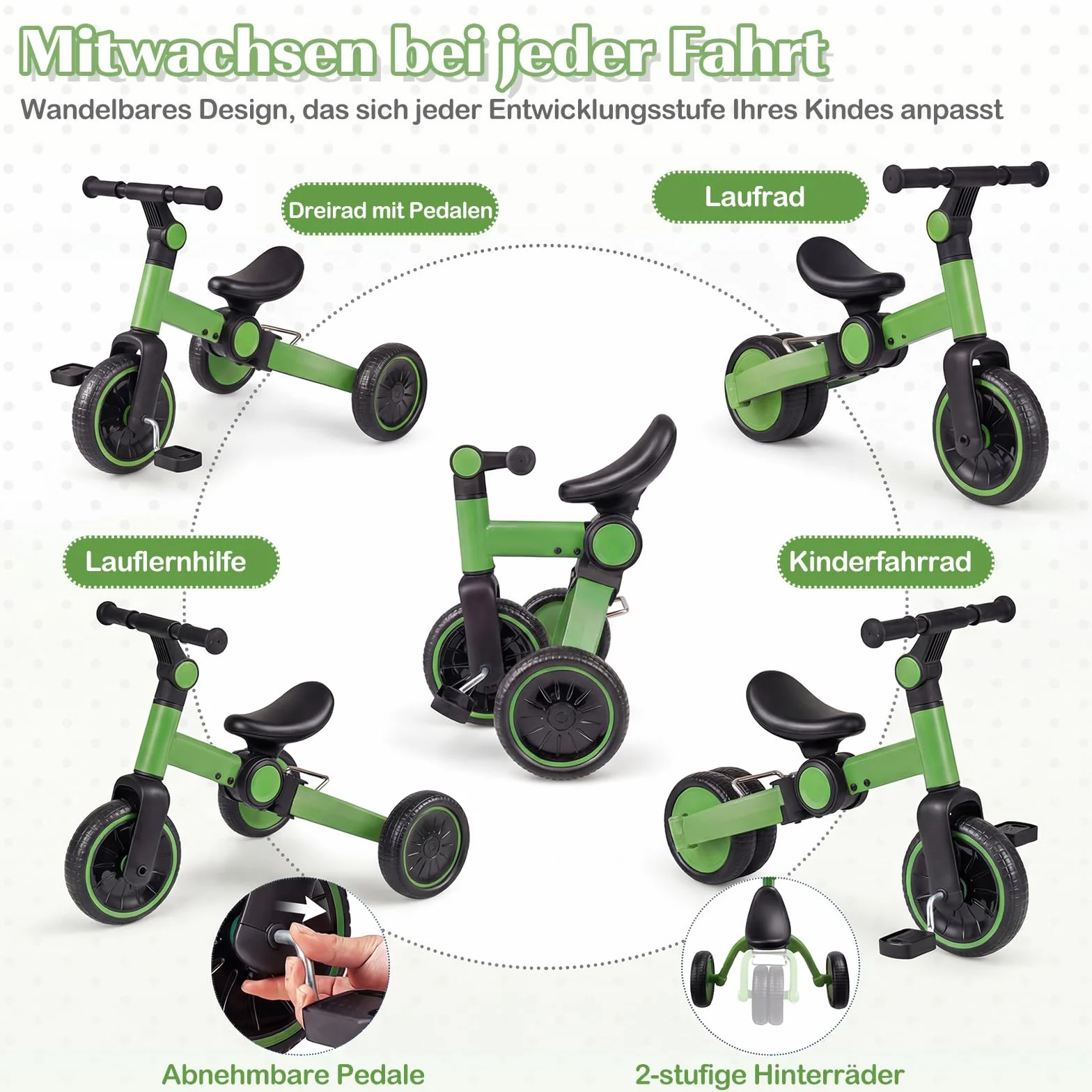 COSTWAY Rowerek trójkołowy 5 w 1, koła biegowe ze zdejmowanymi pedałami, regulowana kierownica i tylne koła, rower trójkołowy dla dzieci od 1 roku do 4 lat (zielony)