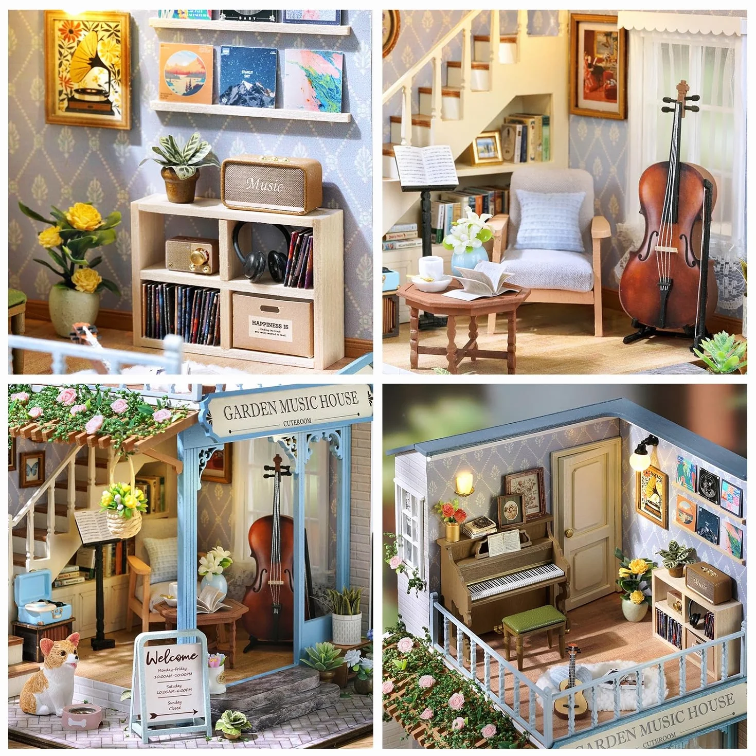 CUTEROOM DIY miniaturowy domek dla lalek - kreatywny drewniany model 3D z oświetleniem LED i ruchem muzycznym - zestaw konstrukcyjny dla dorosłych, wystrój domu - melodia