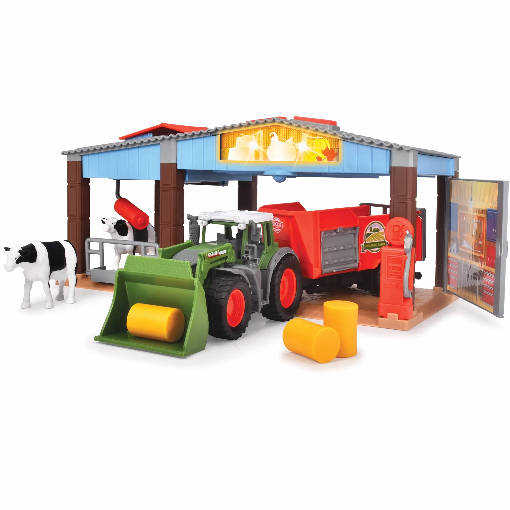 Dickie Toys 203735003 Stacja farma gospodarcza z traktorem i figurki; światło i dźwięk; ciągnik z przyczepą i krowami; zabawa w rolnika; wymiary: 17x30x15 cm; prezent dla dzieci od 3 lat