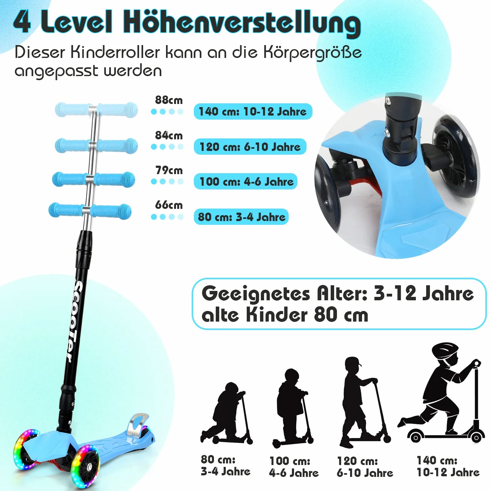 Hulajnoga dziecięca, z regulacją wysokości, 3 świecące koła LED, składana hulajnoga dziecięca, hamulce tylne, dla chłopców i dziewczynek, dla dzieci w wieku od 3 do 14 lat, do 50 kg
