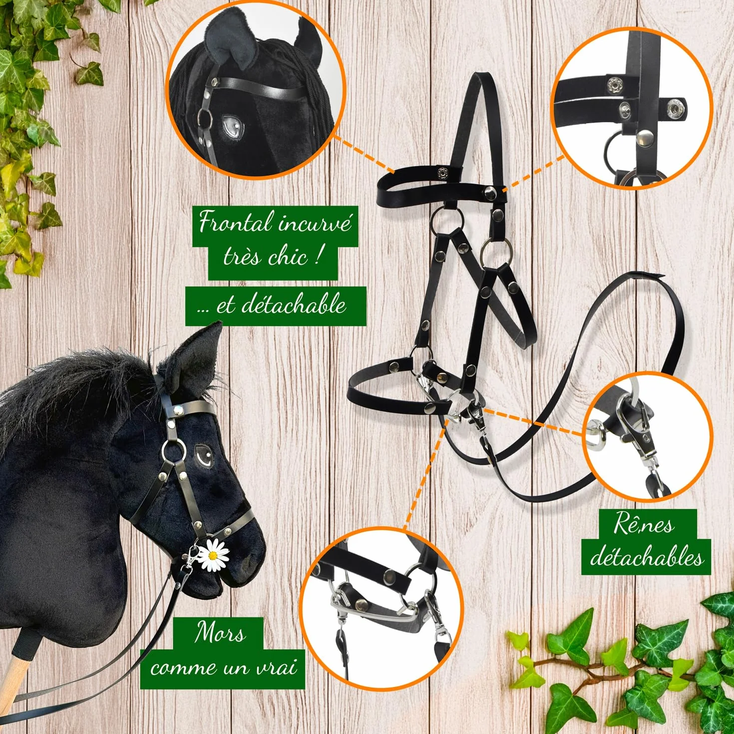 Hobby Horse Black A3 Czysta krew, koń z siatką, mors, sterem i floką. kij do hobby koni dla dzieci i młodzieży