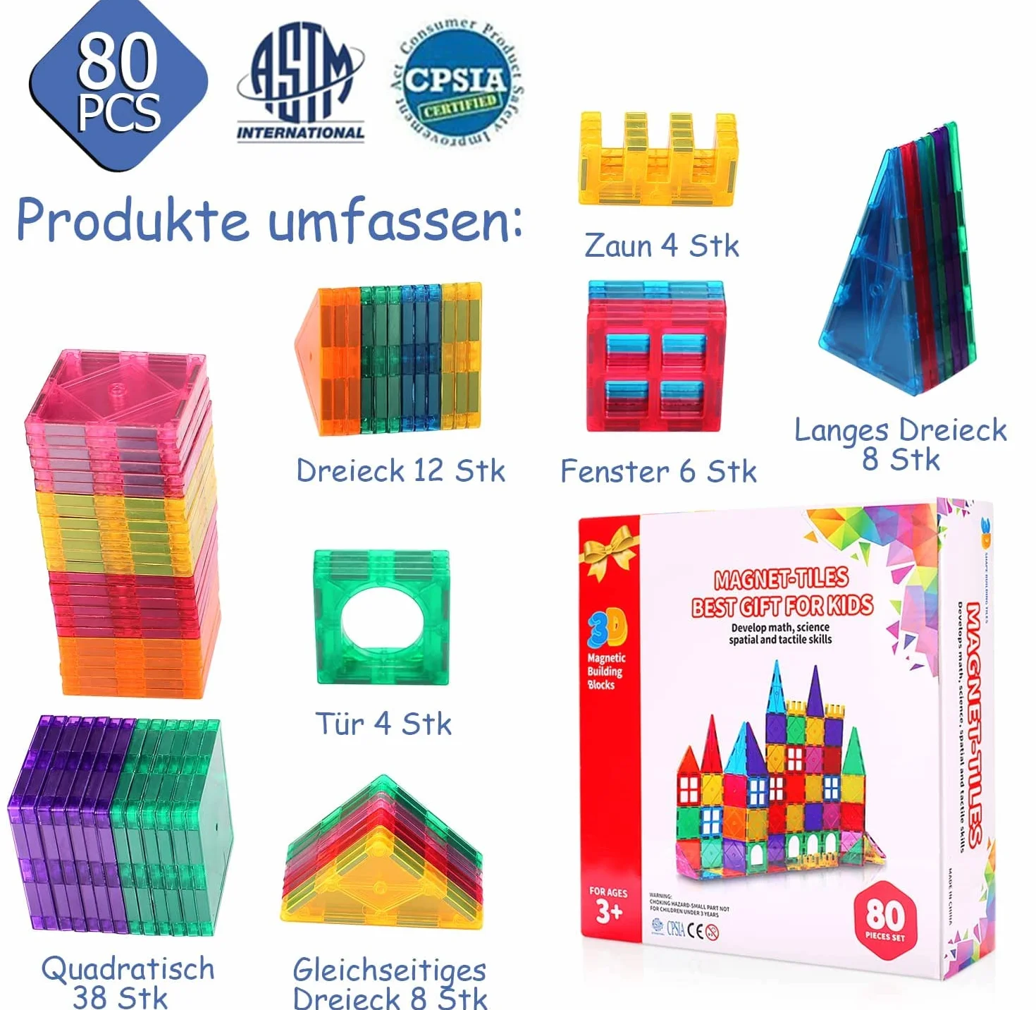 Magnetyczne klocki, 80 elementów, zabawki magnetyczne, magnesy do budowania, klocki magnetyczne, idealne do użytku w domu, w szkołach, dla chłopców i dziewczynek 3, 4, 5, 6, 7, 8 lat