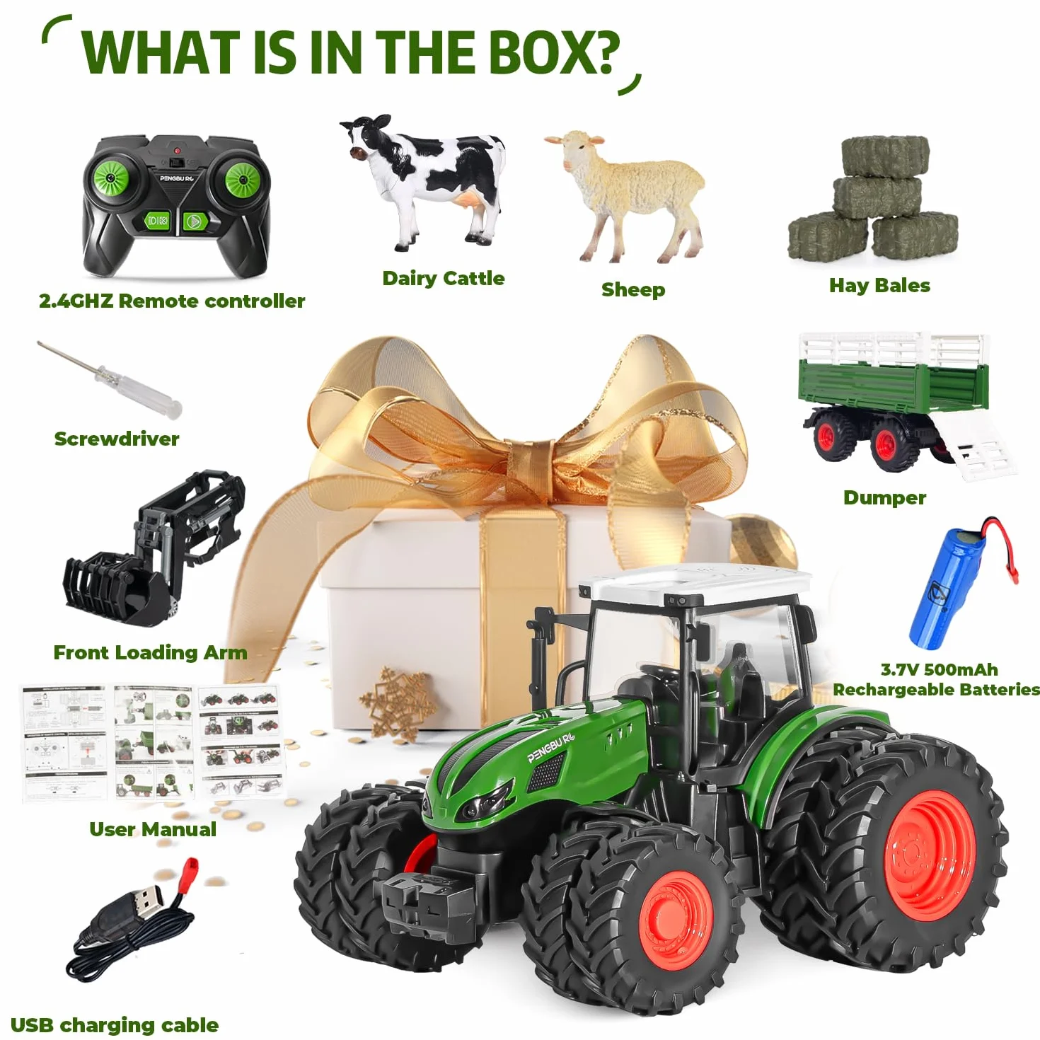 PENGBU RC Zabawka Traktorowa 2,4 GHz, Zdalnie Sterowany Traktor Rolny z Pilotem, Krowa i Owca - Prezent dla 3-8 Lat