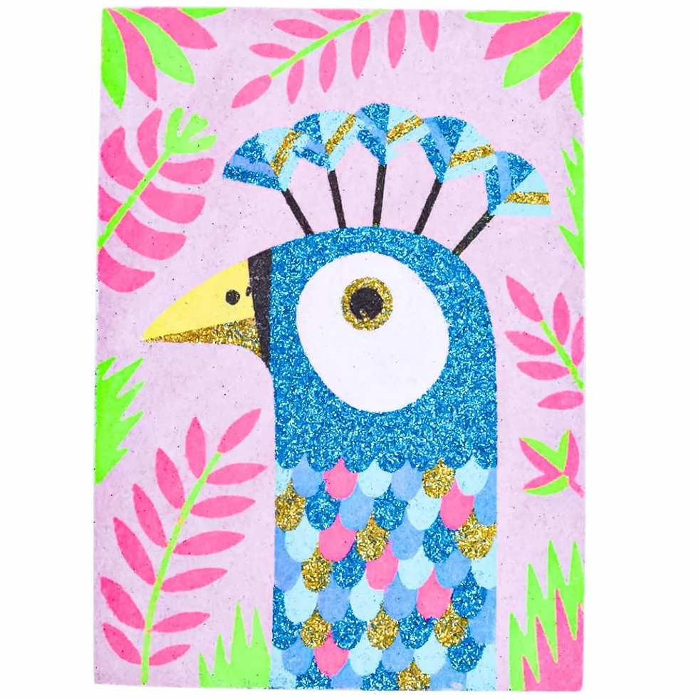 Djeco DJ08663 kreatywny zestaw obrazów z piaskiem Dazzling Birds z brokatowym piaskiem, 6 lat+, wielokolorowy