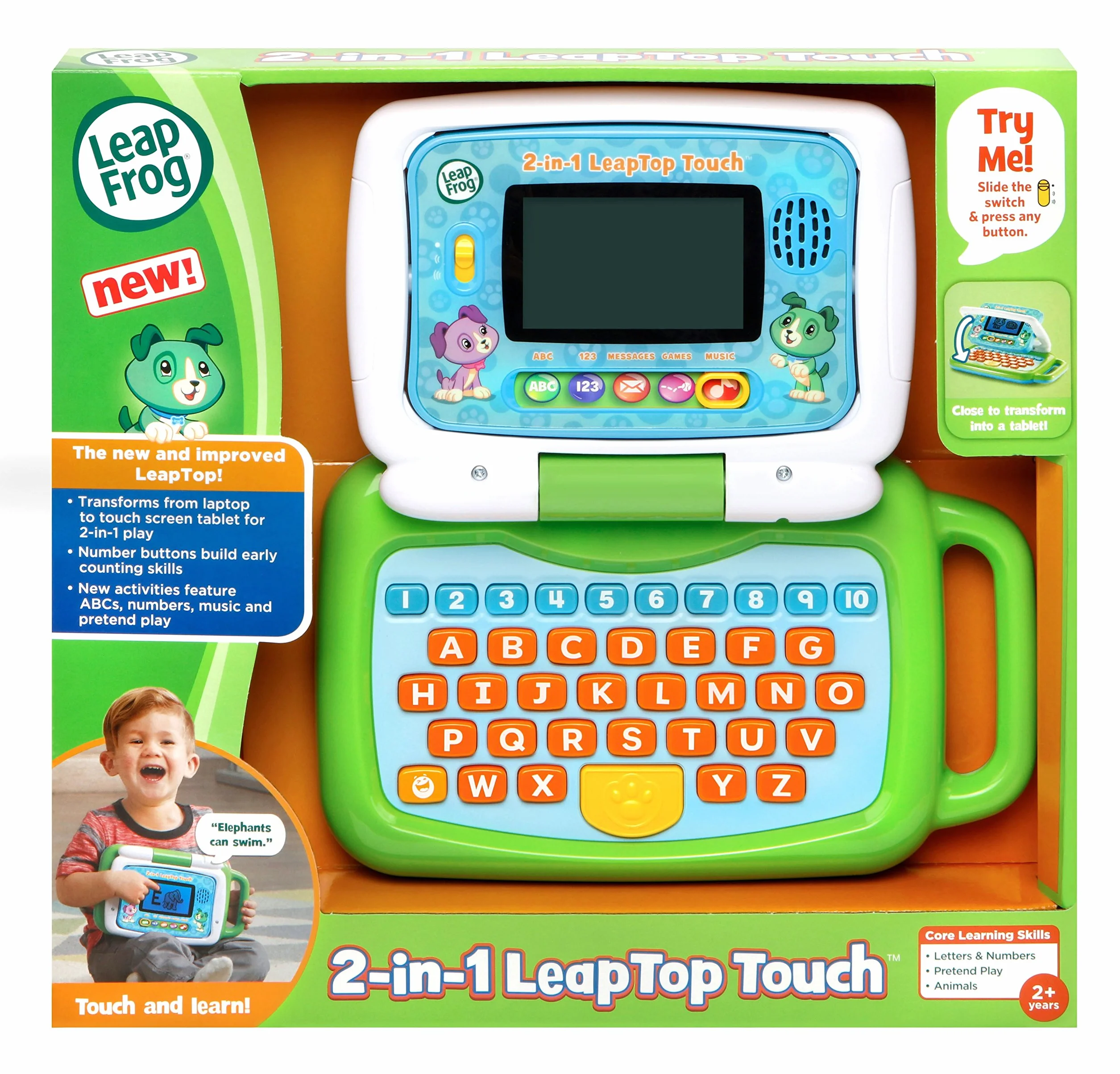 VTech LeapFrog LeapTop Touch Laptop 2 w 1, zielony, tablet edukacyjny dla dzieci z 10 trybami zabawy, z literami, cyframi, słownictwem i zwierzętami, zabawkowy laptop dla dzieci w wieku od 2 lat