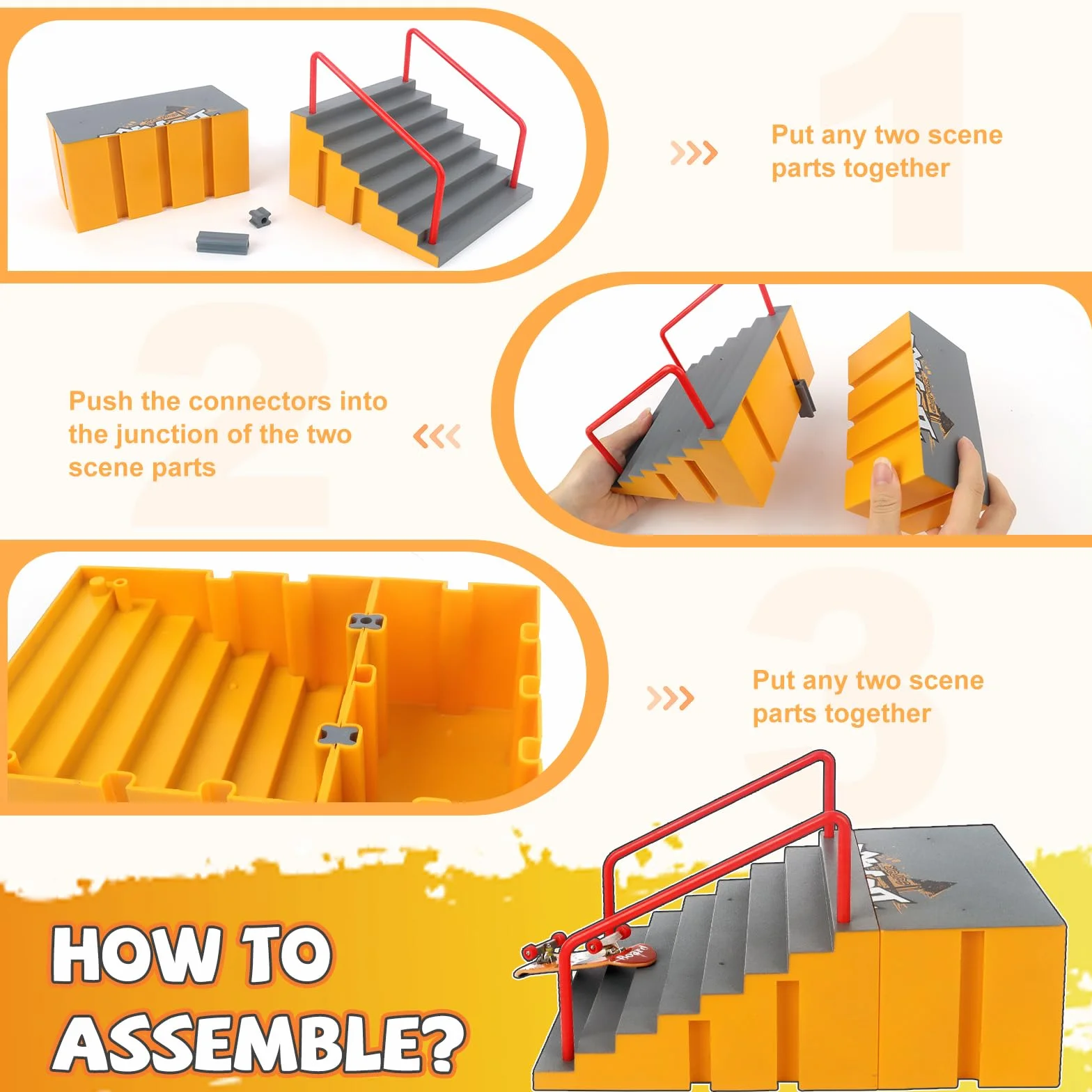 Tlater Mini Finger Deskorolka Zestaw Park Kits, 14 w 1, deskorolka z 14 rampami, 8 podkładkami na palec, 1 rower na palec, zabawka edukacyjna DIY, prezent dla dzieci