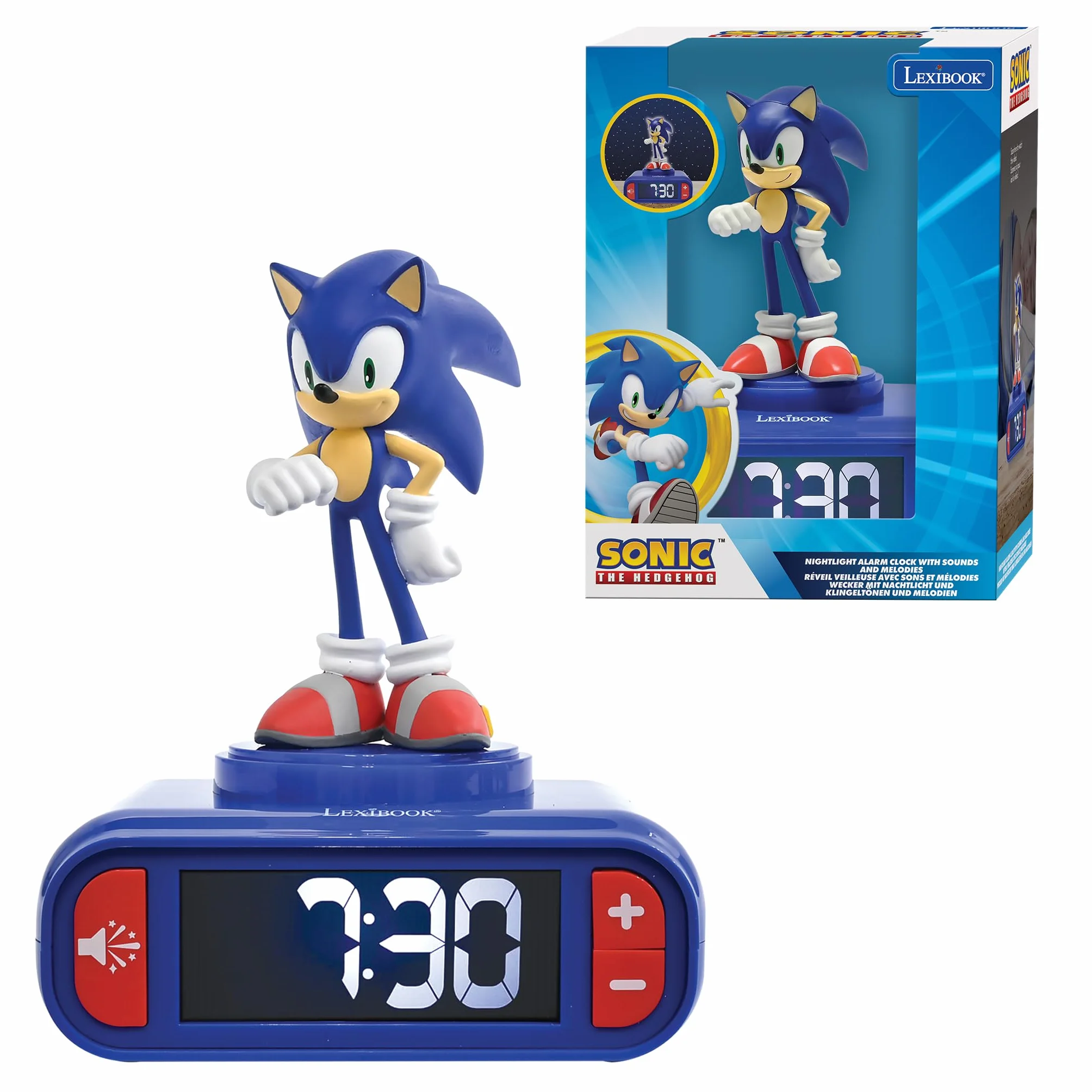 Lexibook, Sonic The Hedgehog, Budzik z Lampką Nocną Sonic, Dźwięki i Melodie, Podświetlany Ekran LCD, LuminoUS, Drzemka, Niebieski, RL800SN