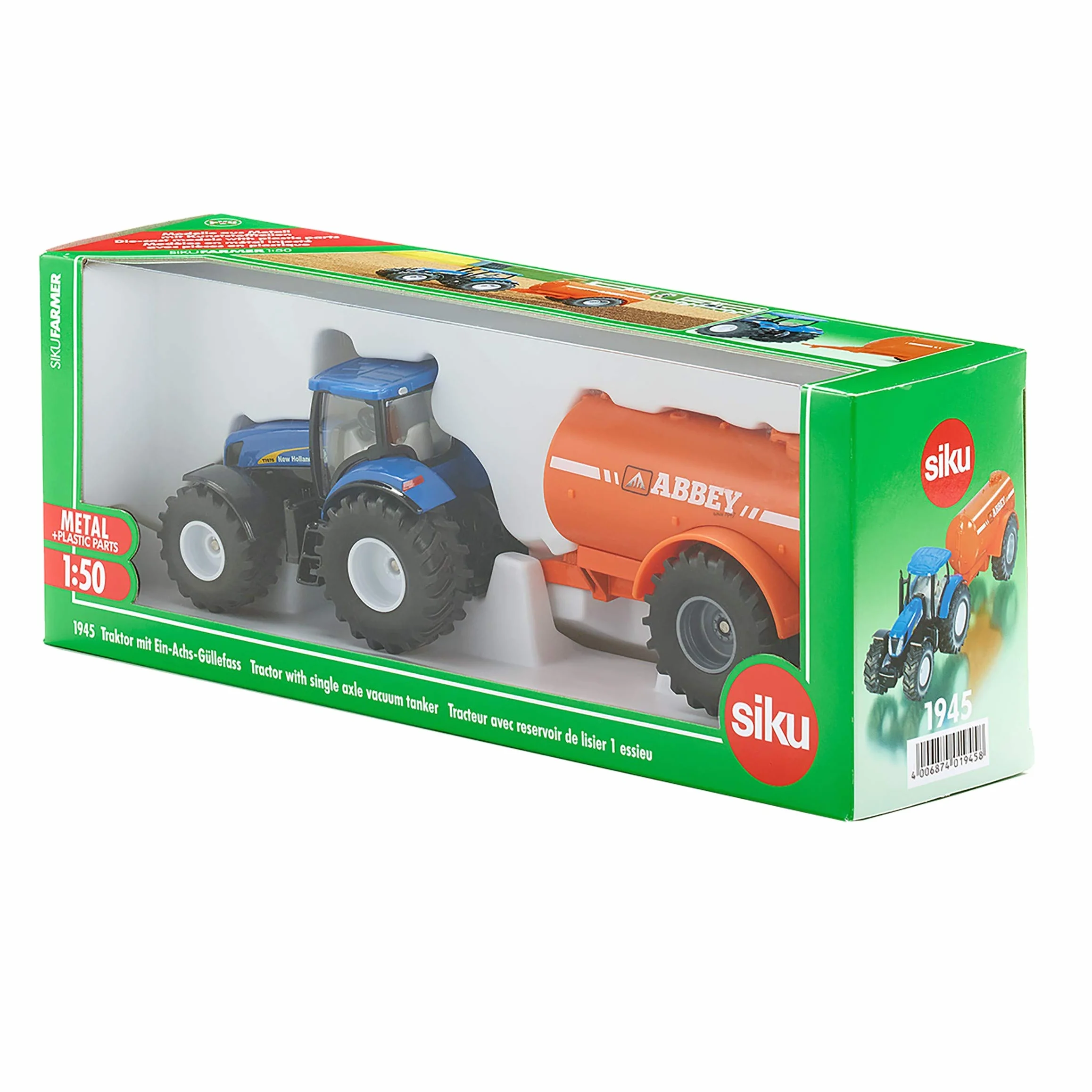 Siku 1945, Traktor z jednoosiową cysterną, 1:50, Metal,Tworzywo sztuczne, Niebieski,Pomarańczowy, Wiele funkcji