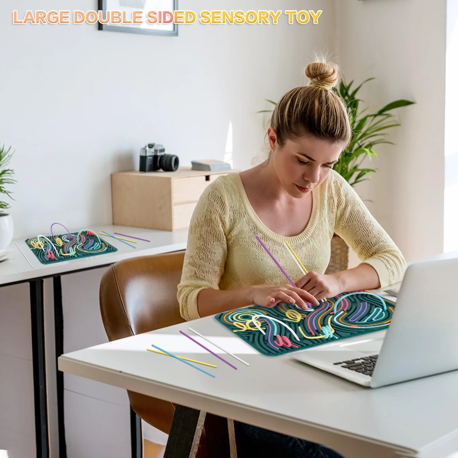 ddLUCK Large Sensory Activity Board, 20 x 29,5 cm Silikonowa podwójna zabawka sensoryczna dla autyzmu i ADHD, stres, lęk, dzieci w wieku od 3 lat i dorosłych, z torbą podróżną i 40 strunami