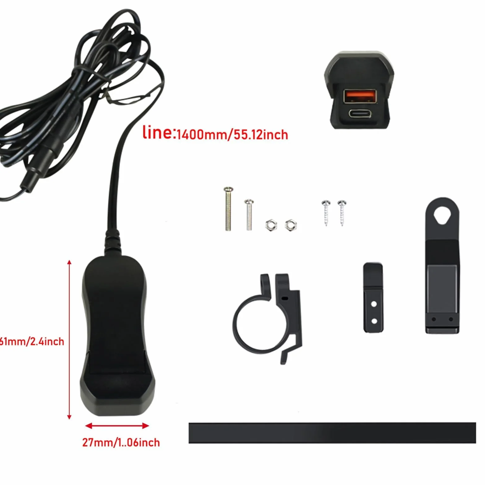 Motocyklowa ładowarka USB, 36 W PD3.0 i 18 W QC3.0 2-portowa, ochrona IP65, 12-24 V DC, kompaktowa mini konstrukcja do motocykli, skuterów, quadów, kabla 1,40 m, 2 rodzaje montażu