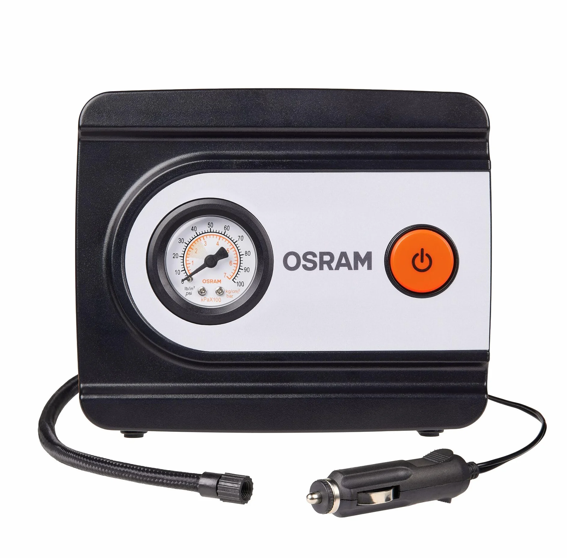 OSRAM TYREinflate 611 ESSENTIAL, analogowy kompresor do opon, pompuje w 4,5 minuty, wąż 60 cm, adapter w zestawie