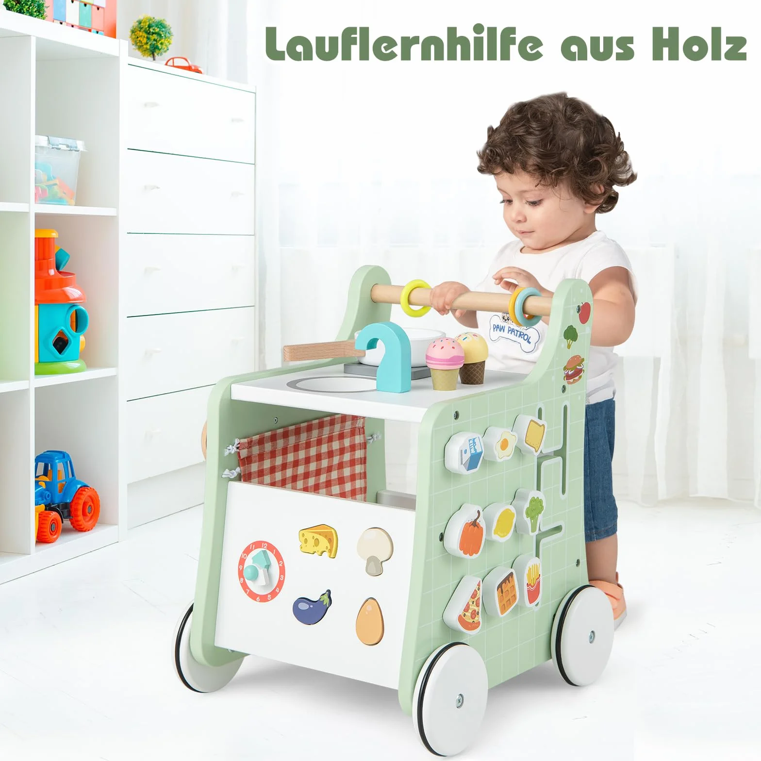 COSTWAY Drewniany wózek do nauki chodzenia 6 w 1, pomoc w nauce chodzenia z kuchnią do zabawy, zegarem do nauki, dopasowaniem kształtu i ruchomym suwakiem, kuchnia dziecięca Baby Walker z kółkami, dla