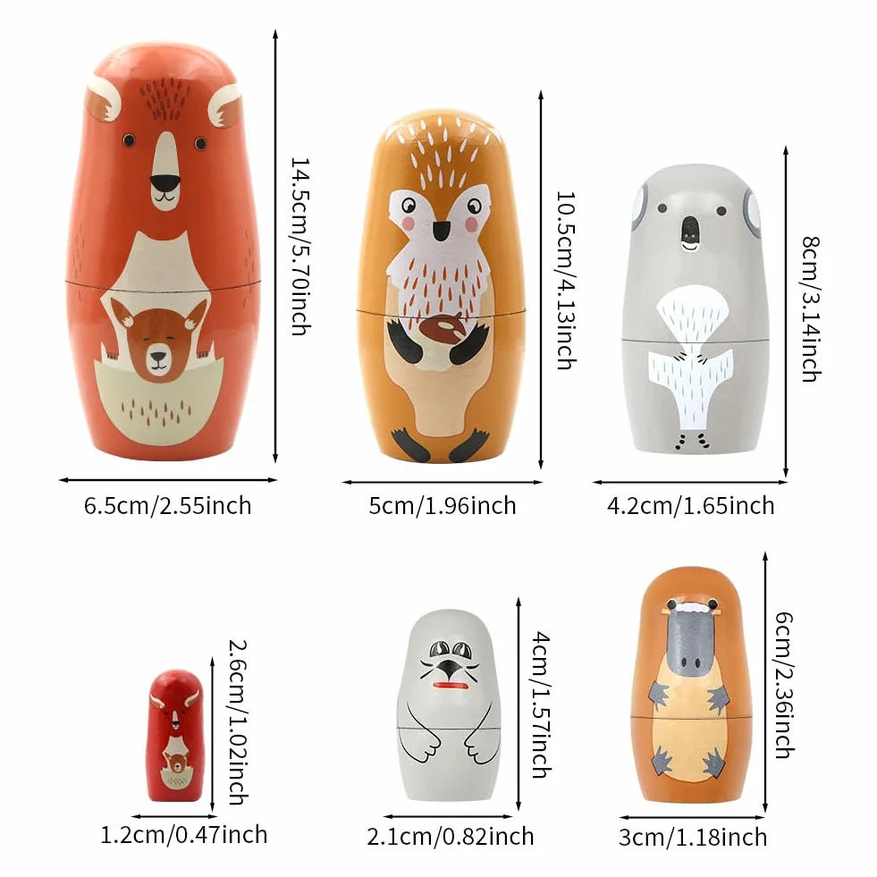 Zestaw 6 drewnianych lalek do spania ze zwierzętami, urocza kreskówka Australia Kangarou Koala ręcznie robione rosyjskie lalki dla dzieci, prezent na Boże Narodzenie, dekoracja urodzinowa