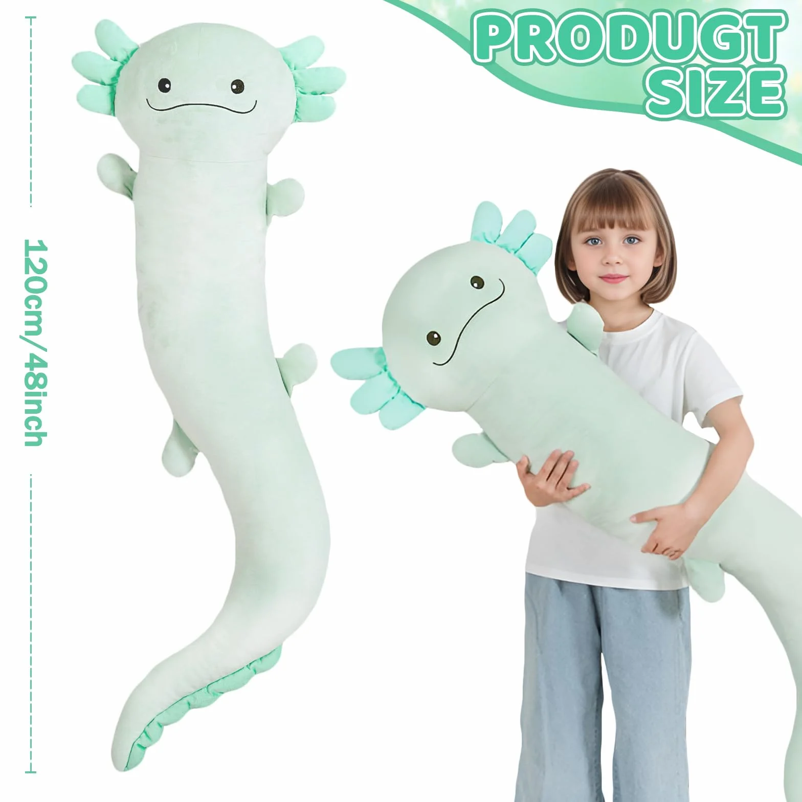 Dalmao 120 cm ogromna pluszowa poduszka Axolotl z wypchanym zwierzęciem, duża zielona poduszka Axolotl, zabawka w ciemności, ogromna poduszka do spania dla dzieci, na urodziny, Wielkanoc