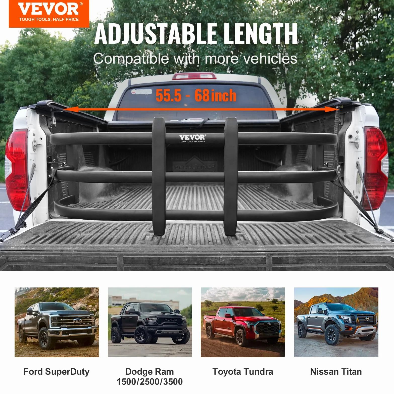 VEVOR Przedłużacz łóżka ciężarówki, aluminiowy wysuwany przedłużacz klapy bagażnika, 141-172 cm, wymagane wiercenie, Ford Super Duty, Dodge Ram 1500/2500/3500, Toyota Tundra, Nissan Titan, Chevrolet
