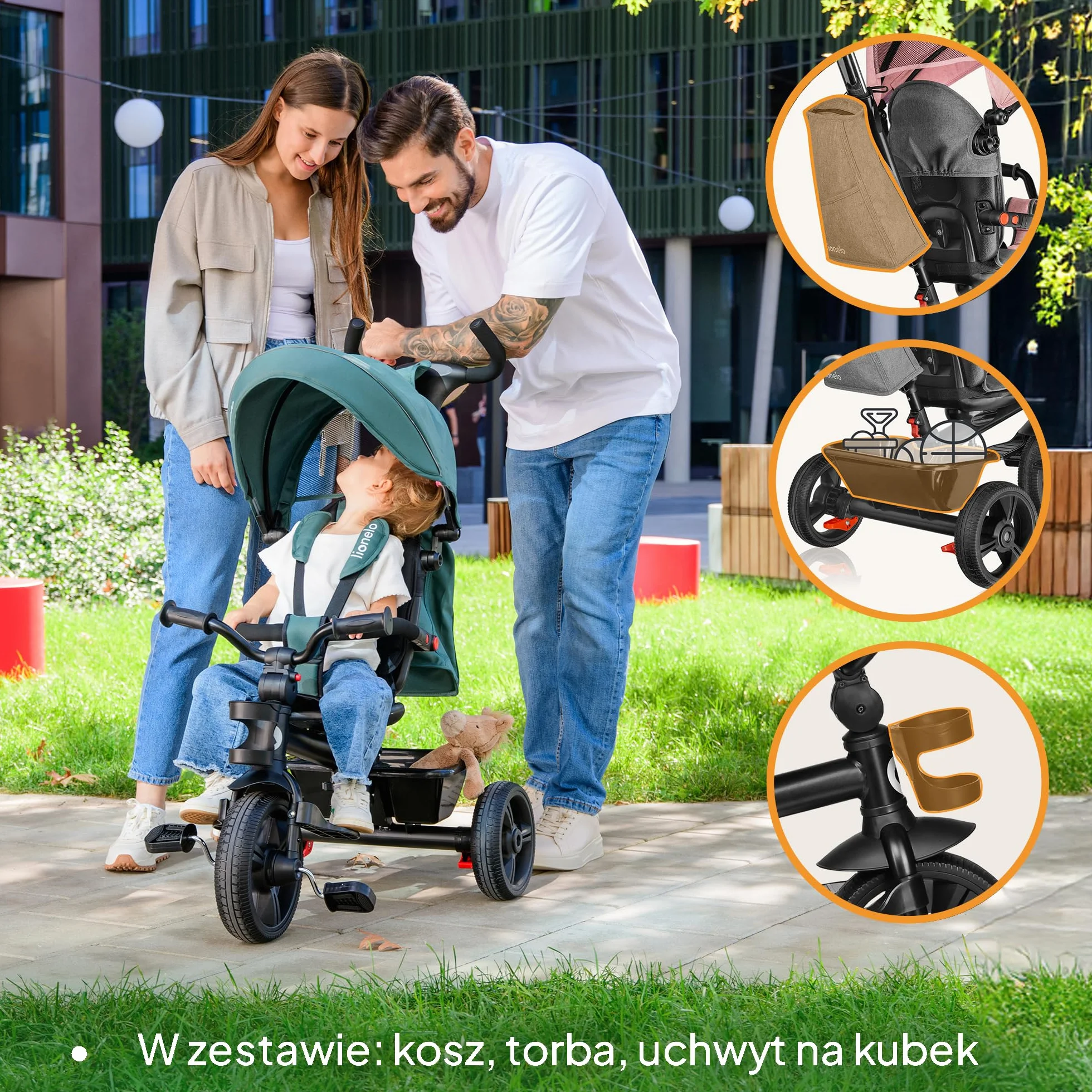 Haari 2 w 1 trójkołowy rower z drążkiem do pchania od 18 miesięcy do 25 kg do przodu i do tyłu, bezdętkowe, gumowe opony, przestronny kosz, torba na napoje