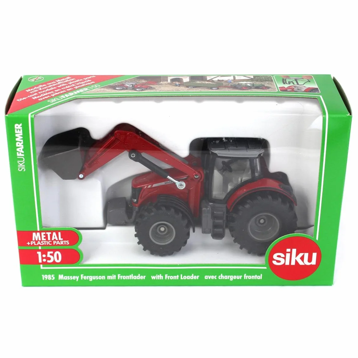 Siku 1985, Massey Ferguson 8690 Traktor z ładowaczem czołowym, 1:50, Metal,Tworzywo sztuczne, Czerwony, Wiele funkcji