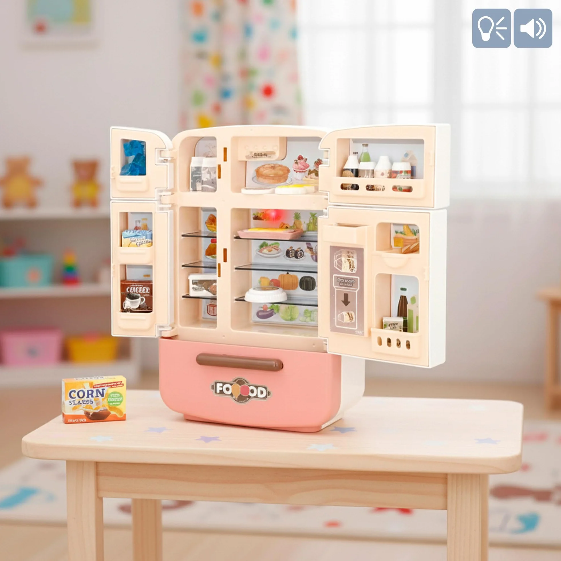 COLORBABY My Home Mini lodówka z jedzeniem i napojami, światłami i dźwiękiem, 4 drzwiczki i 1 szuflada, ponad 20 akcesoriów, odgrywanie ról, drobne motoryka, dzieci + 3 lata (39569)