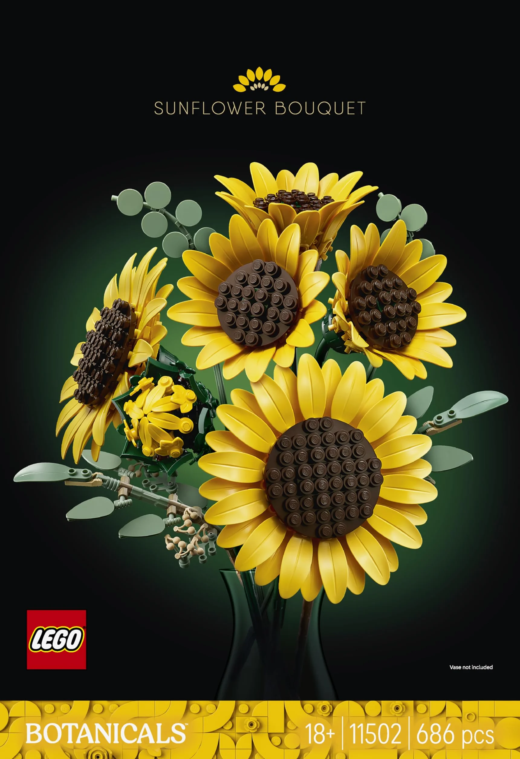 LEGO Botanicals Bukiet słoneczników, zestaw konstrukcyjny dla dorosłych, kwiatowa dekoracja z sześcioma kwiatami i liśćmi eukaliptusa, pomysł na prezent urodzinowy dla kobiet i mężczyzn 11502