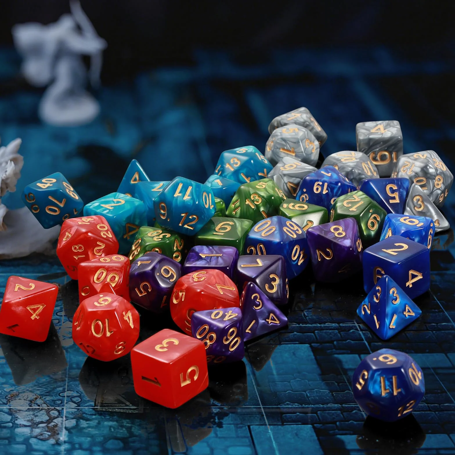 Zestaw kości wielościennych, 6 x 7 (42 sztuki) Kości DND z 6 woreczkami na rzep, do Dungeons and Dragons Pathfinder DND RPG MTG, 6 zestaw kości DND od D4 D6 D8 D10x2 D12 D20