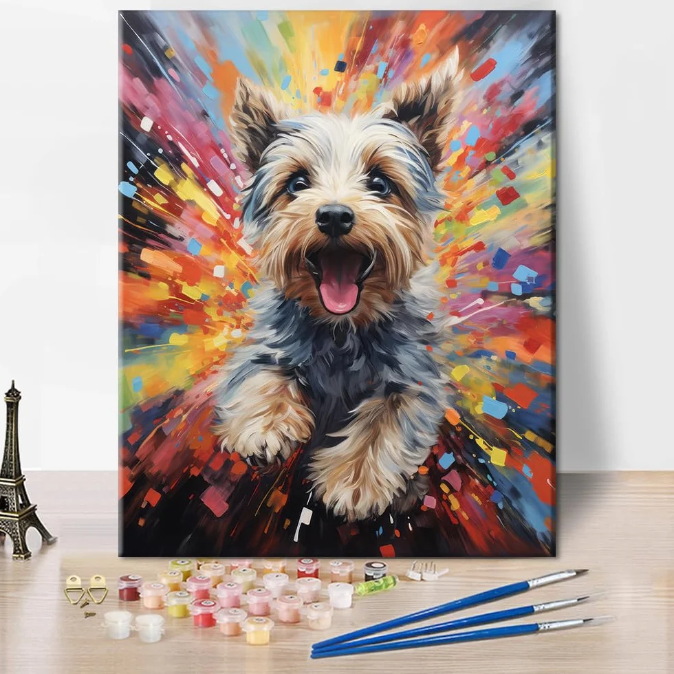 Tishiron Malowanie po numerach dla dorosłych, kolorowy, słodki pies, biegnący pies, kolorowy akrylowy obraz olejny, sztuka rzemieślnicza, 40 x 50 cm