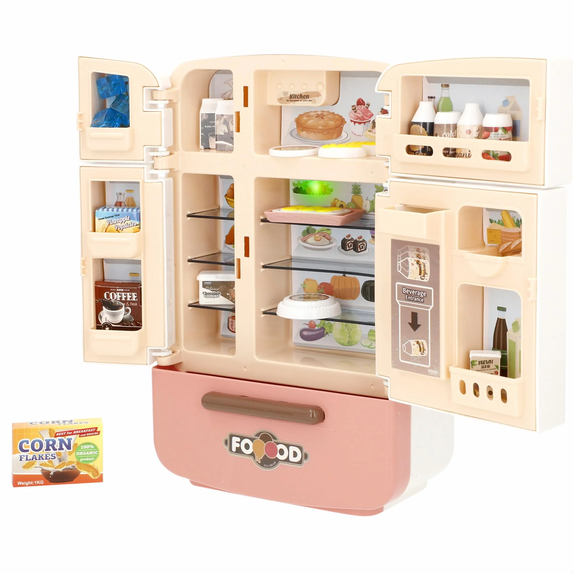 COLORBABY My Home Mini lodówka z jedzeniem i napojami, światłami i dźwiękiem, 4 drzwiczki i 1 szuflada, ponad 20 akcesoriów, odgrywanie ról, drobne motoryka, dzieci + 3 lata (39569)