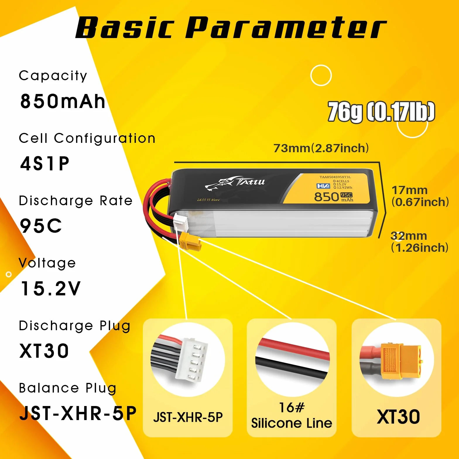 Tattu 850mAh 4S 95C 15,2V HV LiPo Long-Pack akumulator z wtyczką XT30 do dronów FPV i multikopterów wyścigowych