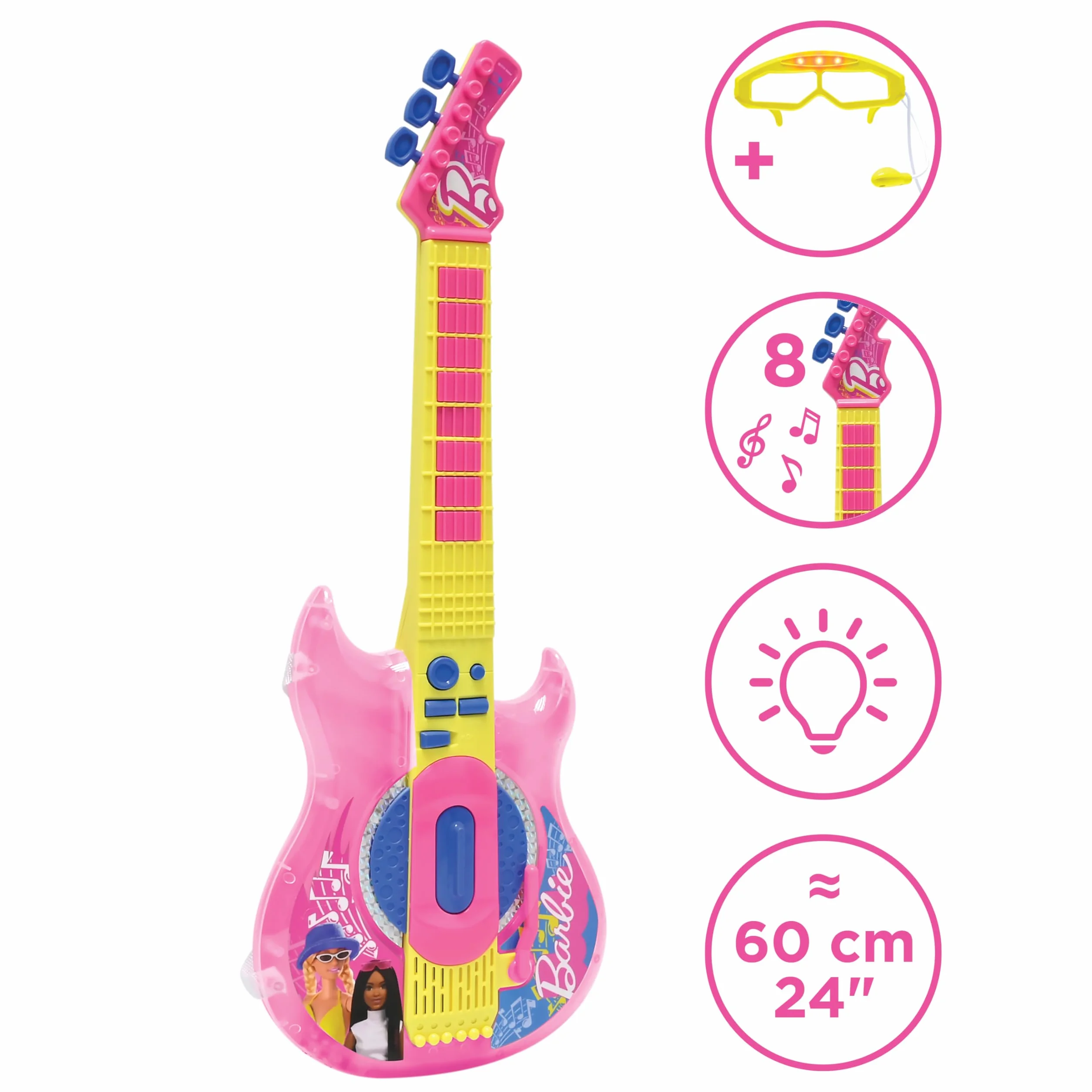 Lexibook, Barbie, Gitara Elektroniczna z Mikrofonem i Okularami do Śpiewania ze Stylem, 2 Tryby Gry, Melodie Demonstracyjne, Efekty Świetlne, Różowy, Żółty, K260BB