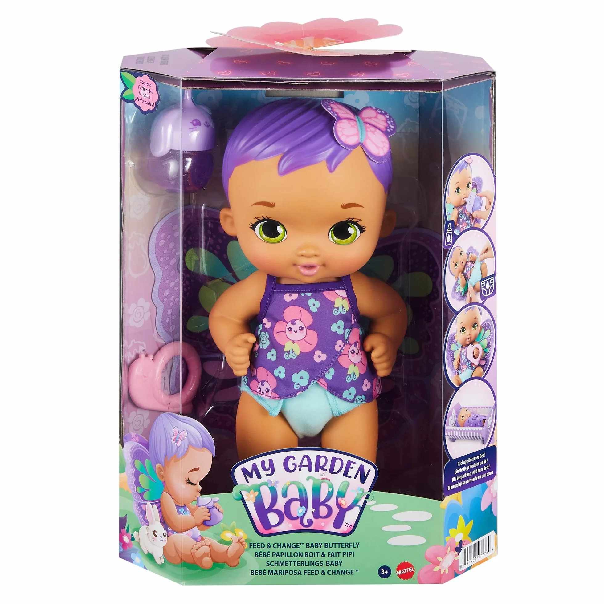 My Garden Baby Bobasek-Motylek Karmienie i przewijanie Lalka fioletowa (ok 30 cm) z pieluszką wielokrotnego użytku, zdejmowanymi skrzydełkami i ubrankiem, dla dzieci od 2 roku życia, GYP11