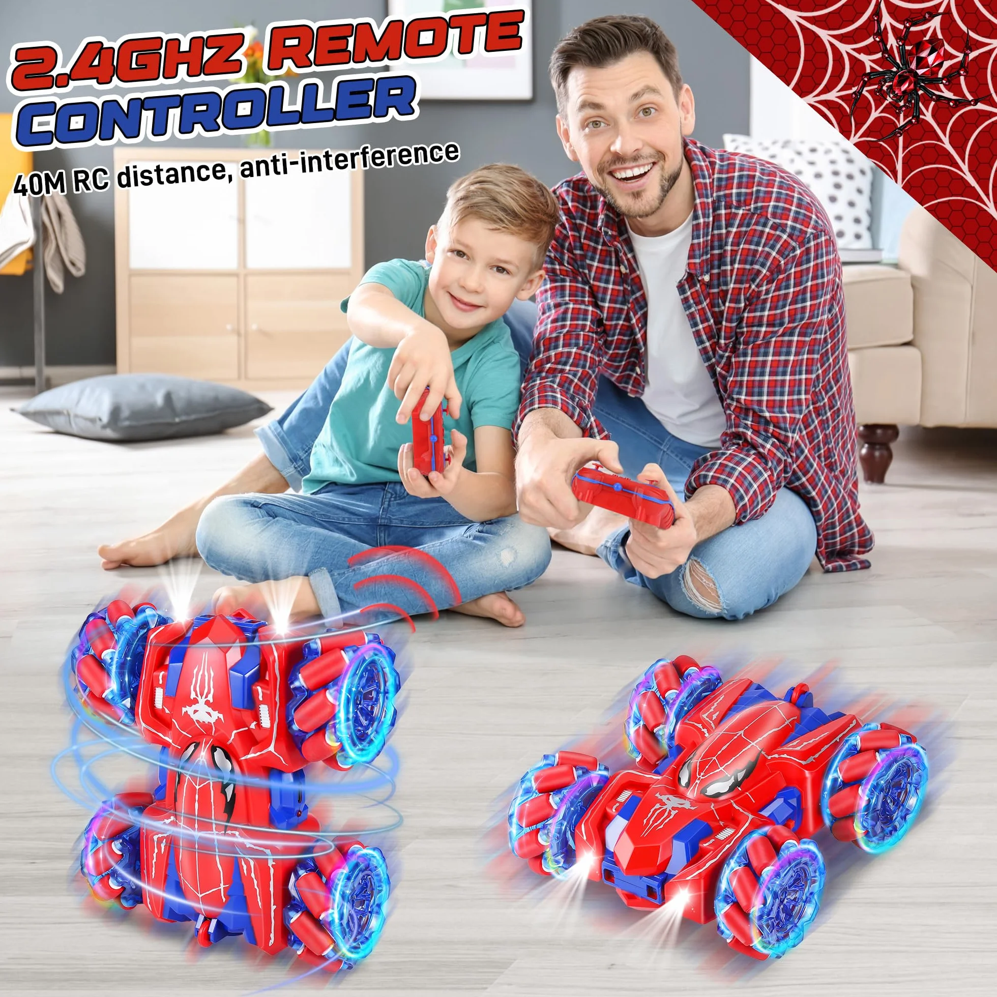 spider Zdalne sterowanie samochodem - 2,4 GHz 360 ° śmiertelne skoki dwustronne monster truck dla chłopców 4 5 6 7 8 lat, 4WD RC samochód akrobacyjny z zimnym światłem (Red RC Car)