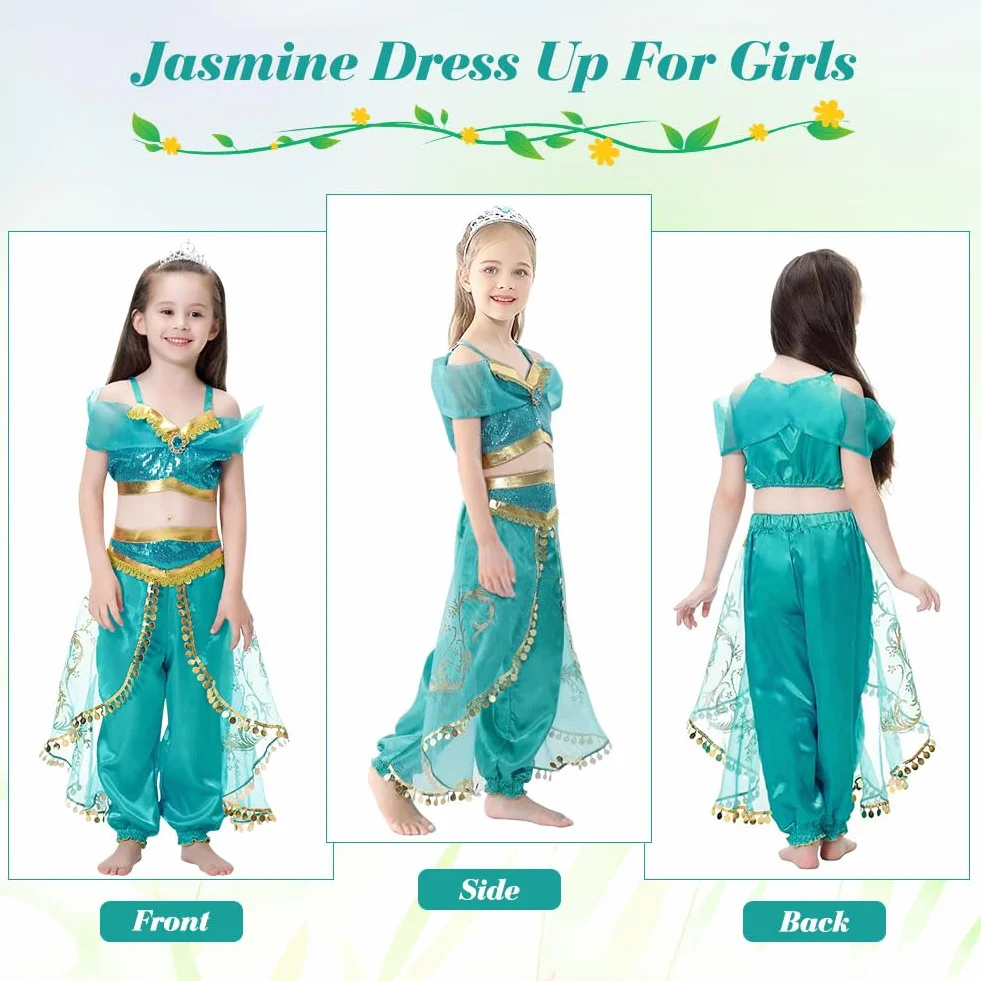 ACWOO Kostium Jasmine Księżniczka dla dziewczynki dla dzieci, Jasmine Kostium dla dziewczynek księżniczki z peruką, Jasmine Księżniczka Sukienki dla dziewczynek na imprezę Taniec Urodziny Halloween
