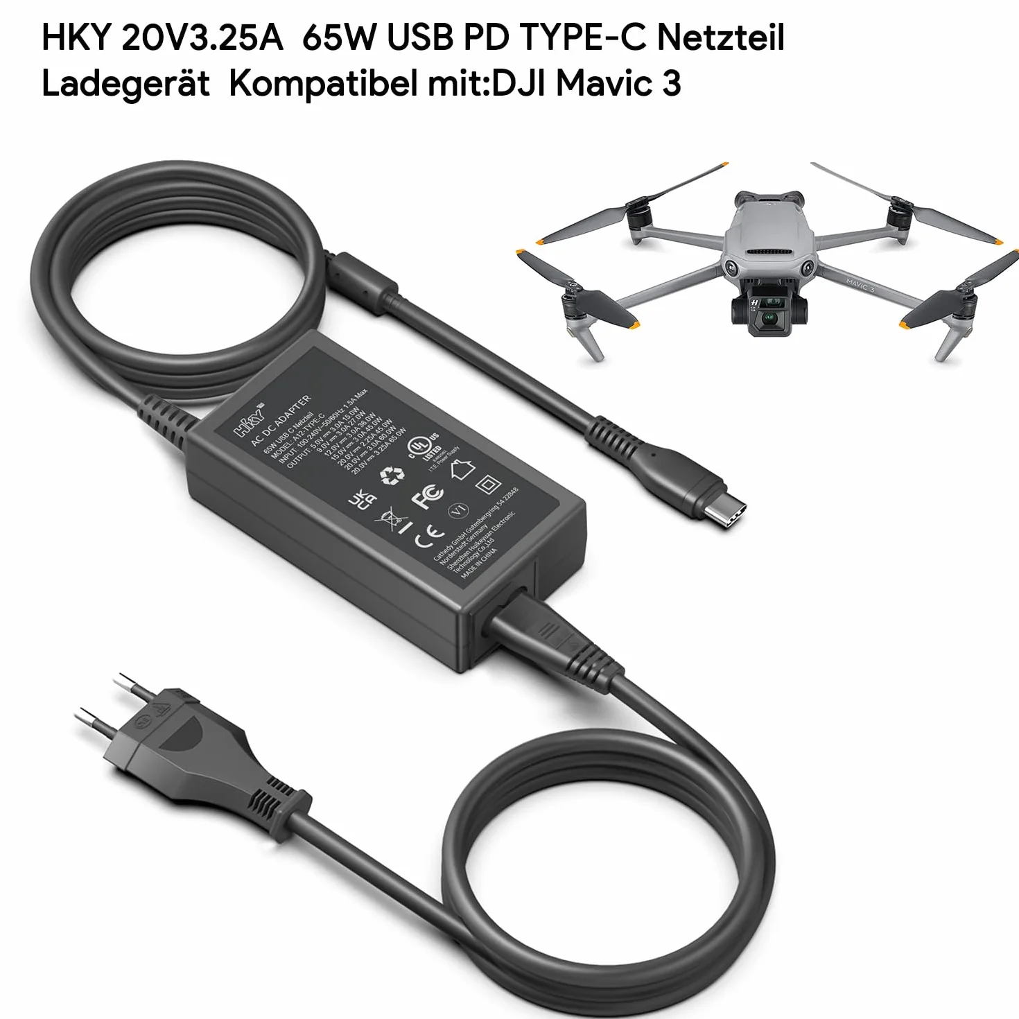HKY DJI przenośna ładowarka 65 W do DJI Mavic 3 Pro, DJI Mavic 3 Pro Cine, DJI Mavic 3 Classic, DJI Mavic 3, DJI Mavic 3 Cine, DJI Air 3, DJI Avata, DJI Goggles 2, akumulator JBL Xtreme 3 USB C