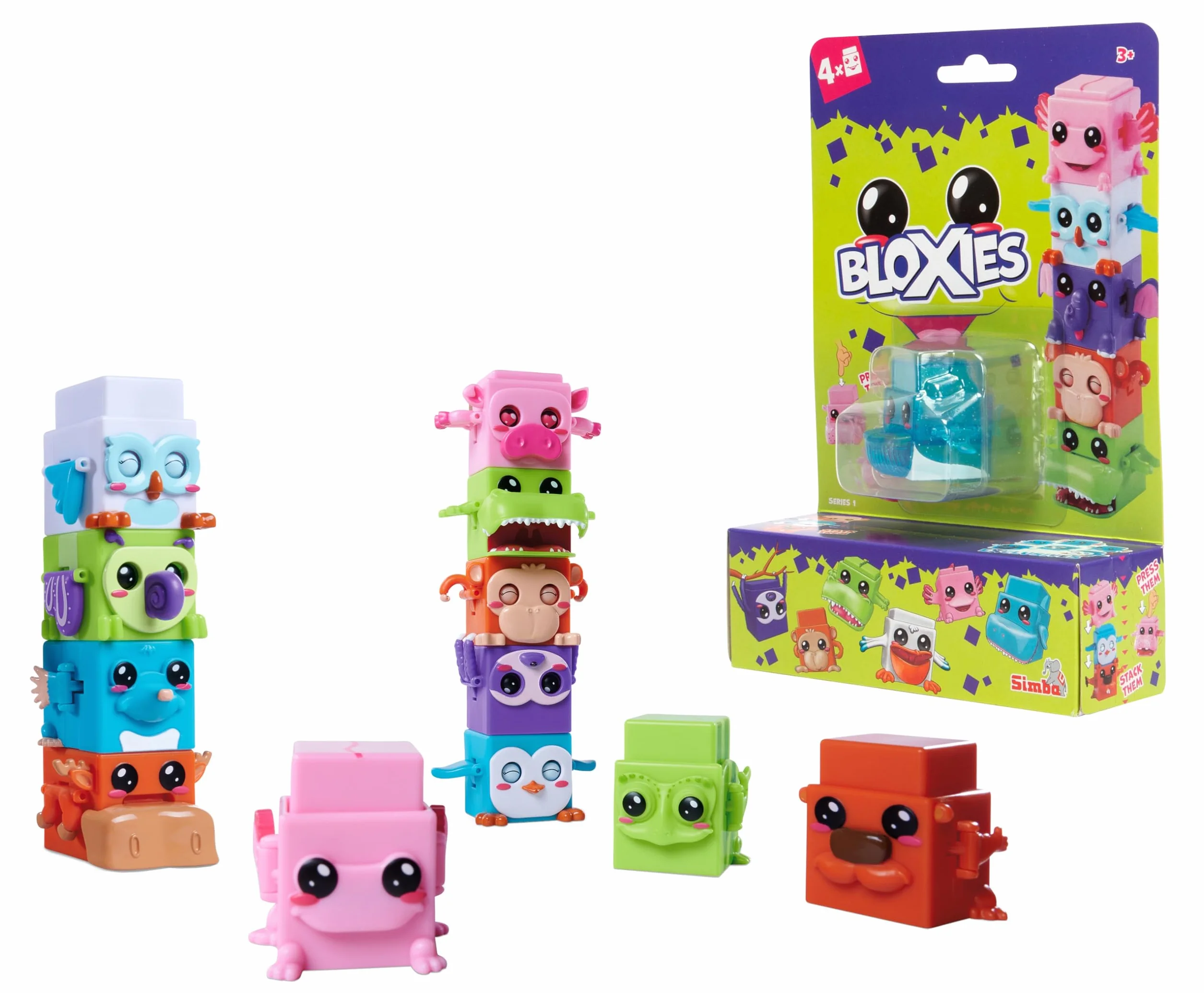 Simba 105952627 Bloxies figurka zwierzątka(4-pak)- klocki do układania w stos i kolekcjonowania z efektem ruchu, sensoryczna zabawka dla dzieci od 3 lat, losowy wybór w opakowaniu niespodzianka