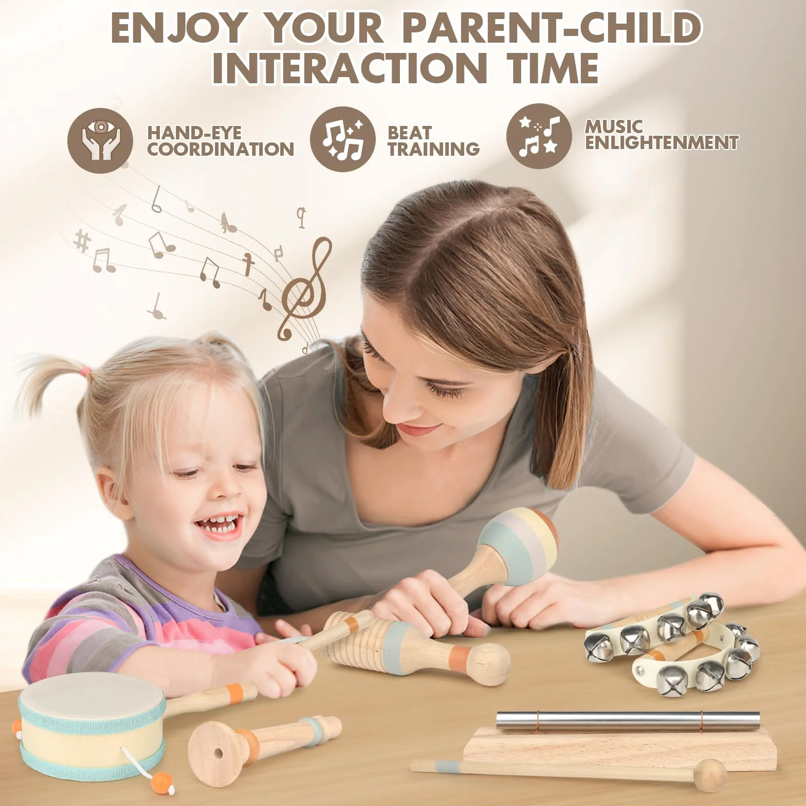 Baby Montessori Drewniane Instrumenty Muzyczne - Perkusja dla Dzieci od 2-3 Lat